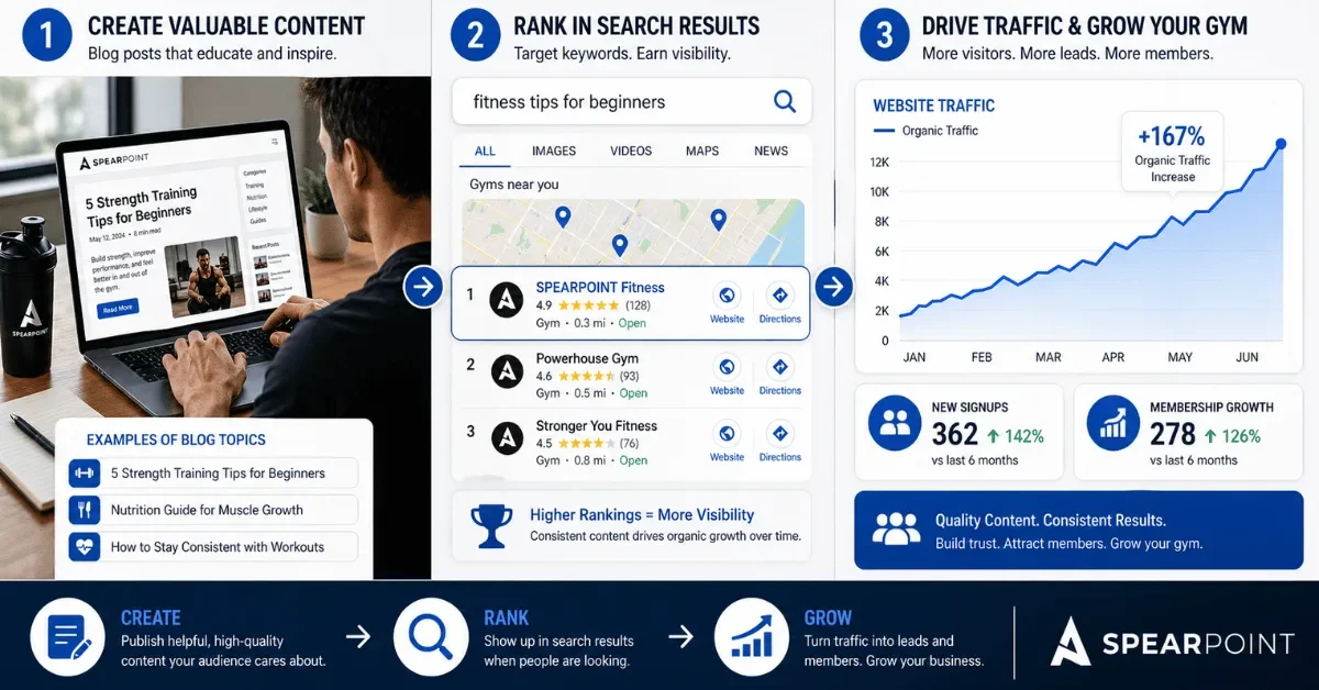Infographic showing how gym blog content and SEO help fitness businesses rank in Google search results, increase website traffic, and generate more gym memberships.