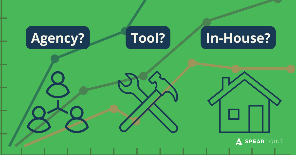Agency, Tool, and In-House options shown with icons over a growth chart.