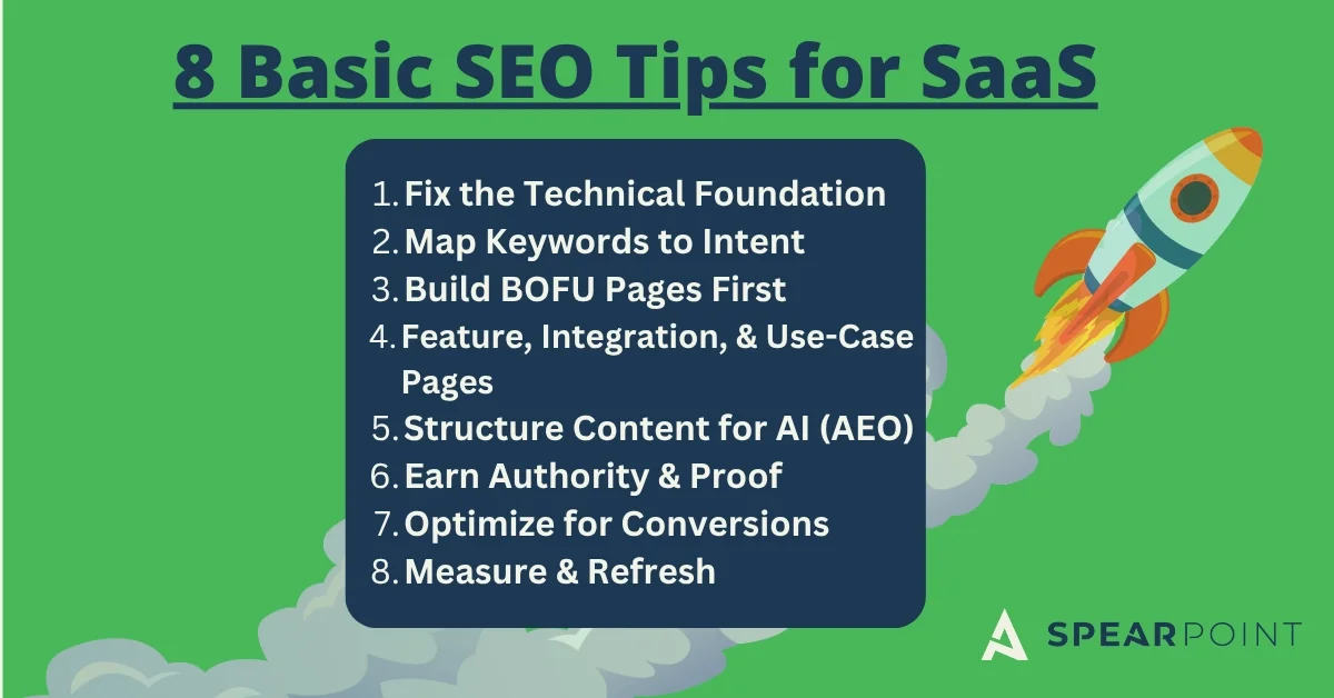 Green graphic titled "10 Basic SEO Tips for SaaS" listing the ten tips beside a rocket illustration