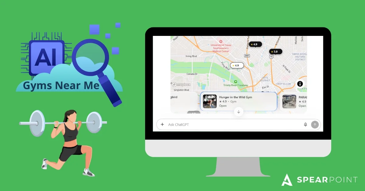 Diagram of an AI engine pulling from reviews, directories, and a website to name a gym.