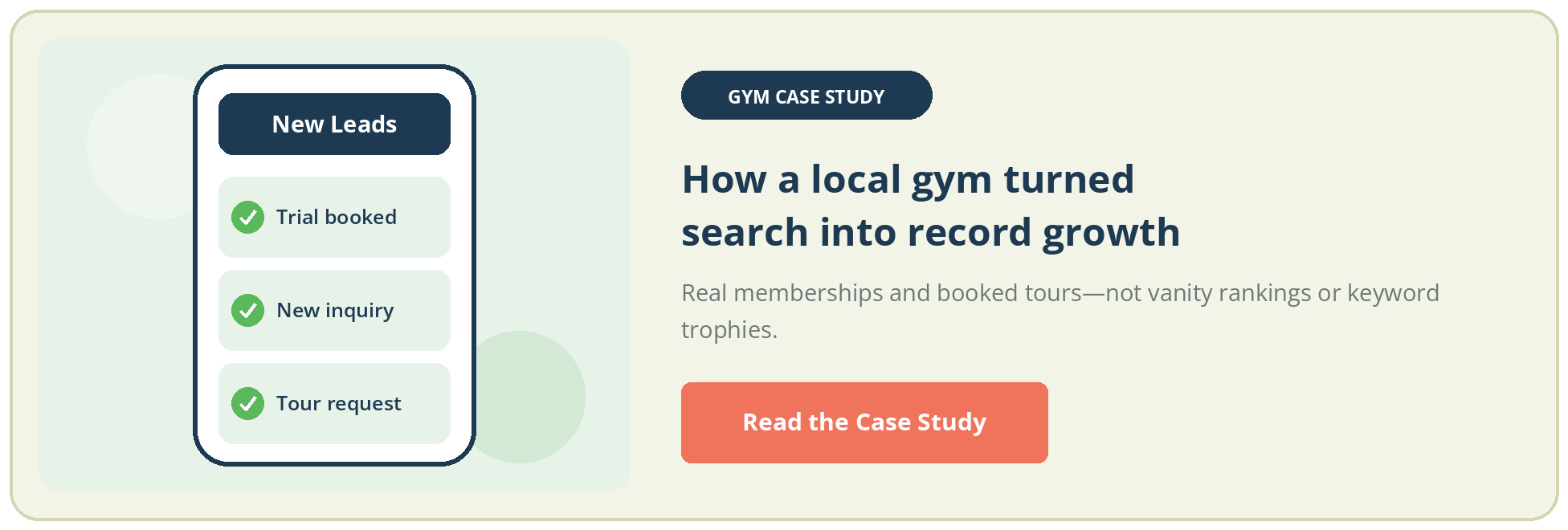 Gym case study CTA card: a phone showing booked trials and inquiries, with a Read the Case Study button.