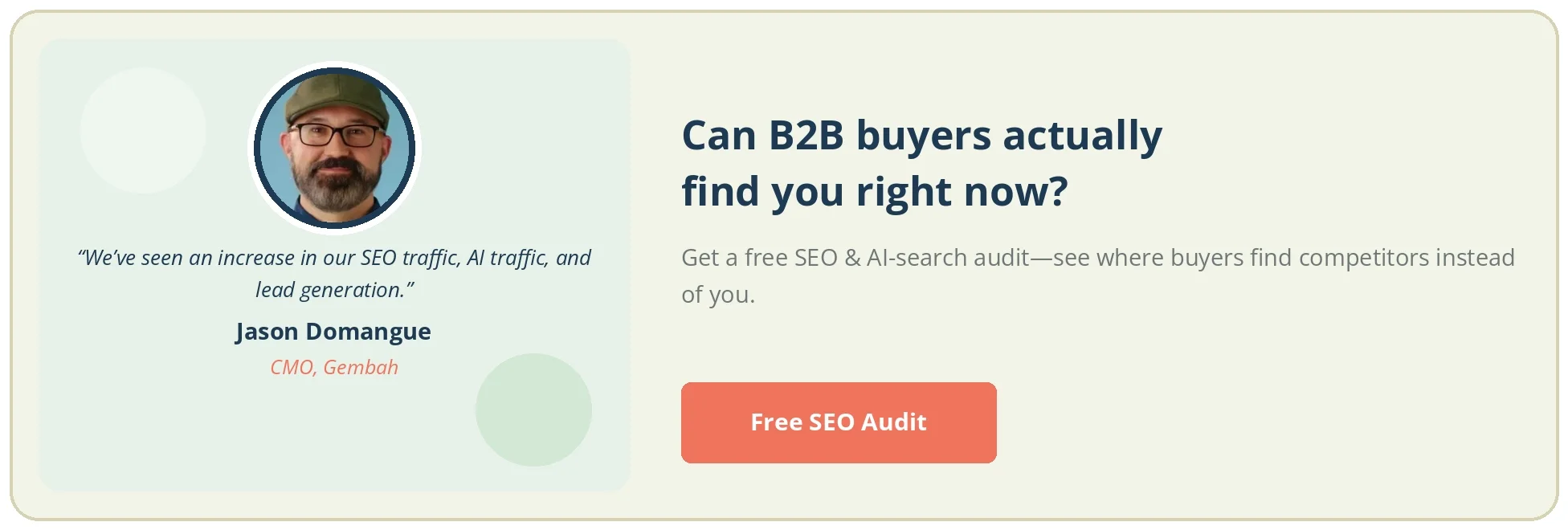CTA card showing Gembah in a search result and an AI answer, with a Read more about B2B SEO button.