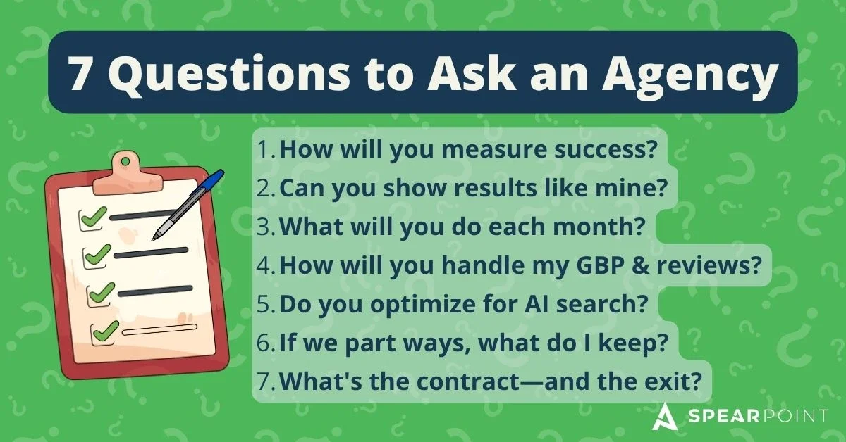 '7 Questions to Ask an Agency' graphic with a checklist clipboard beside a numbered list of seven questions.