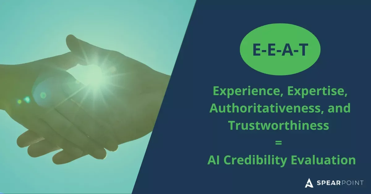 Answer engine optimization E-E-A-T illustration showing handshake and text about experience, expertise, authoritativeness, and trustworthiness