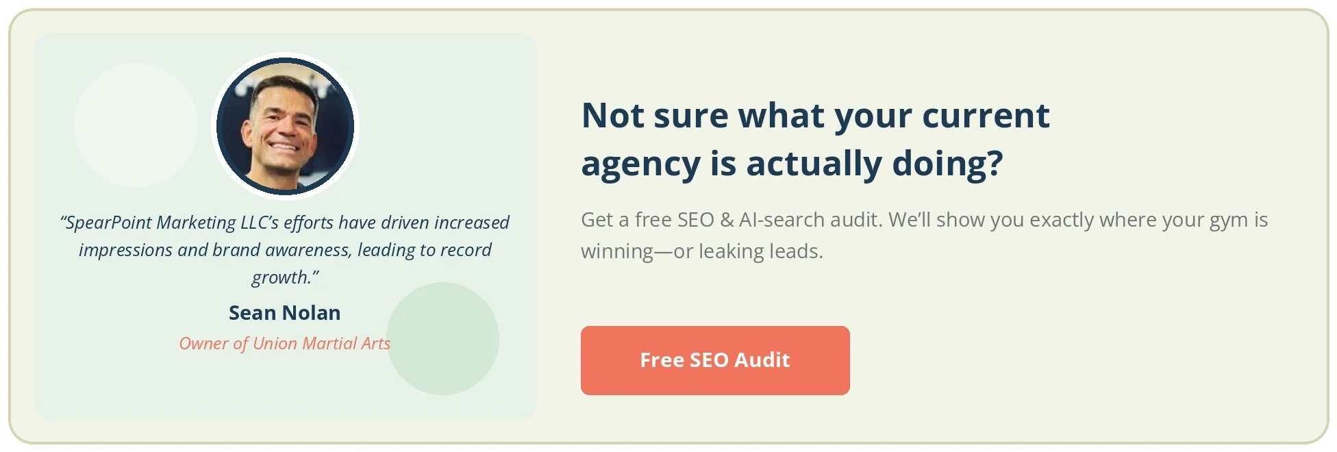 Audit CTA card with Sean Nolan's headshot and quote for Union Martial Arts and a Free SEO Audit button.