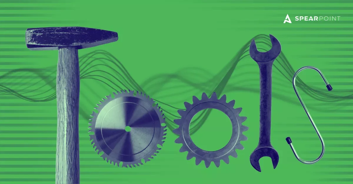 Tools & resources graphic with hammer, gears, wrench, and hook on a green background with wave pattern and SpearPoint logo.