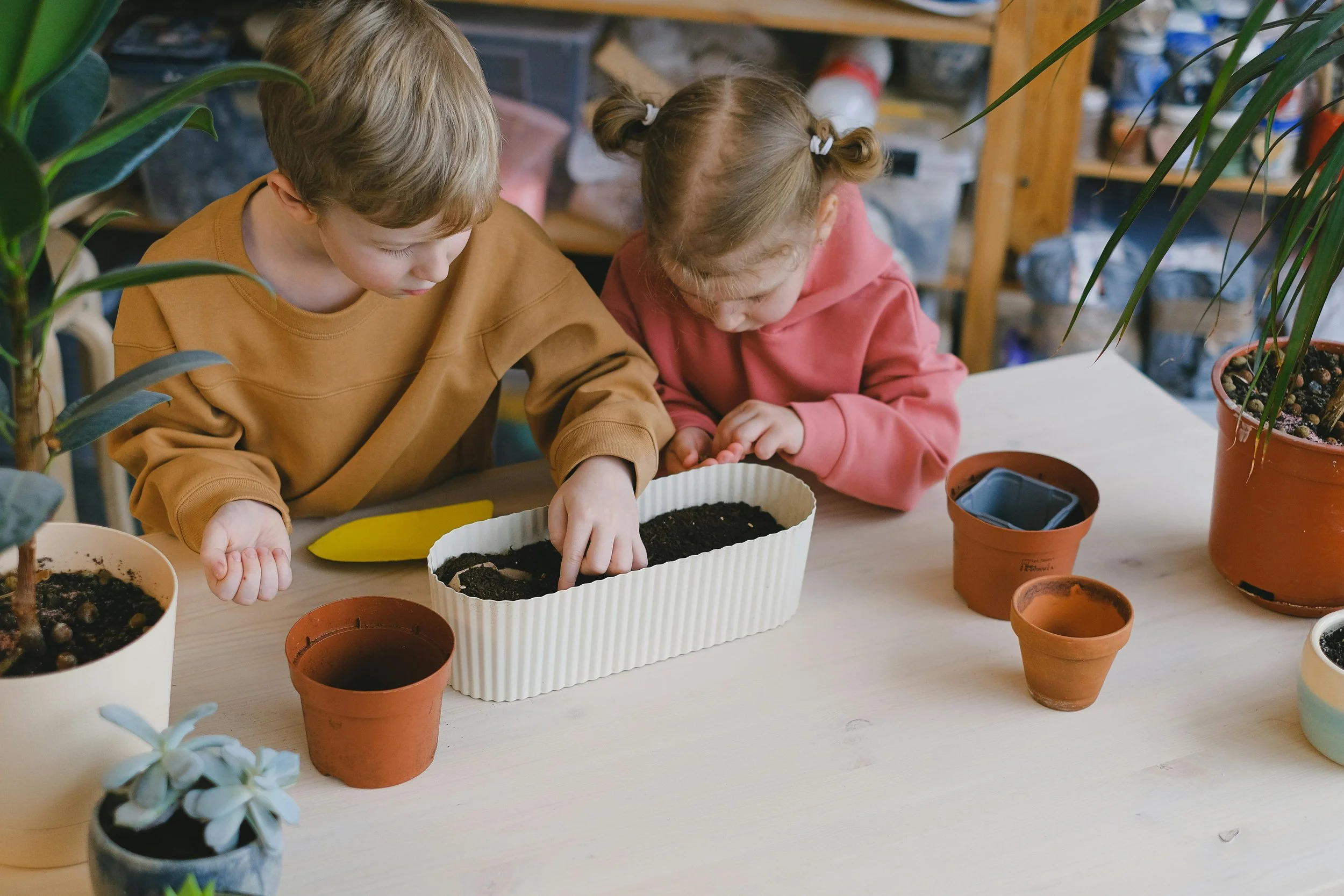 Kids gardening at the table