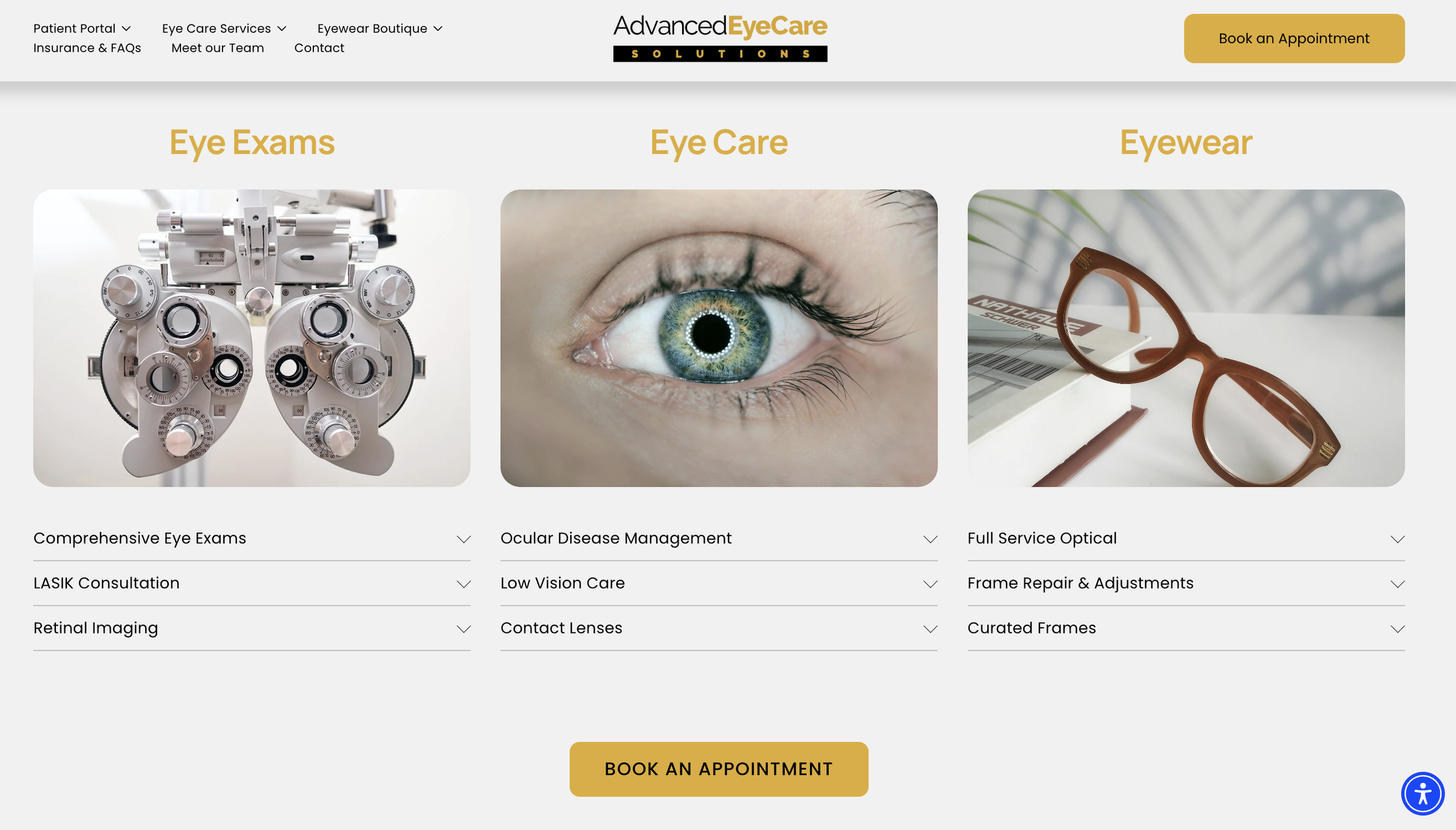 Advanced EyeCare Solutions services page for eye exams, eye care and eyewear
