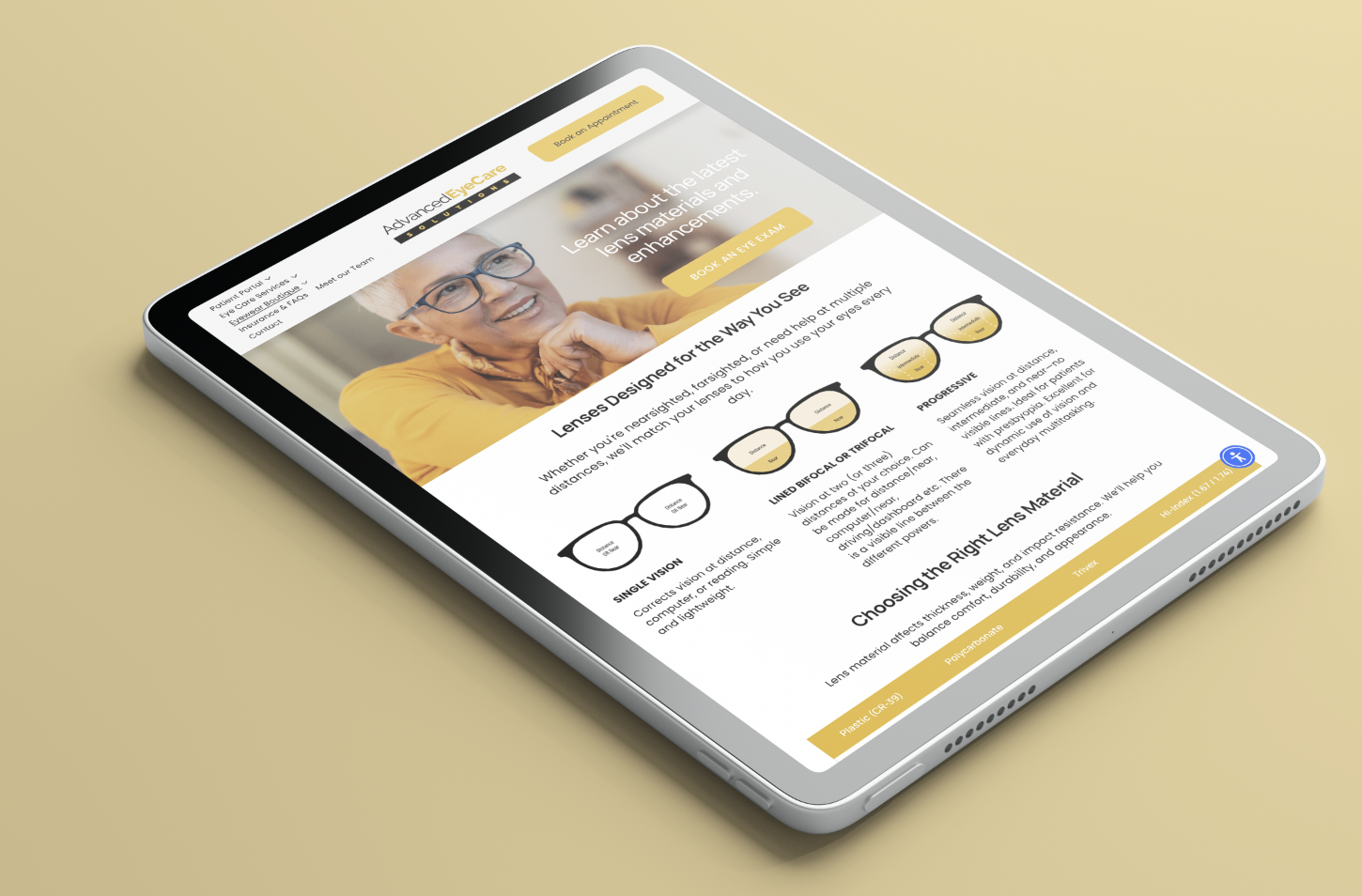 Advanced EyeCare Solutions eyewear page on a tablet