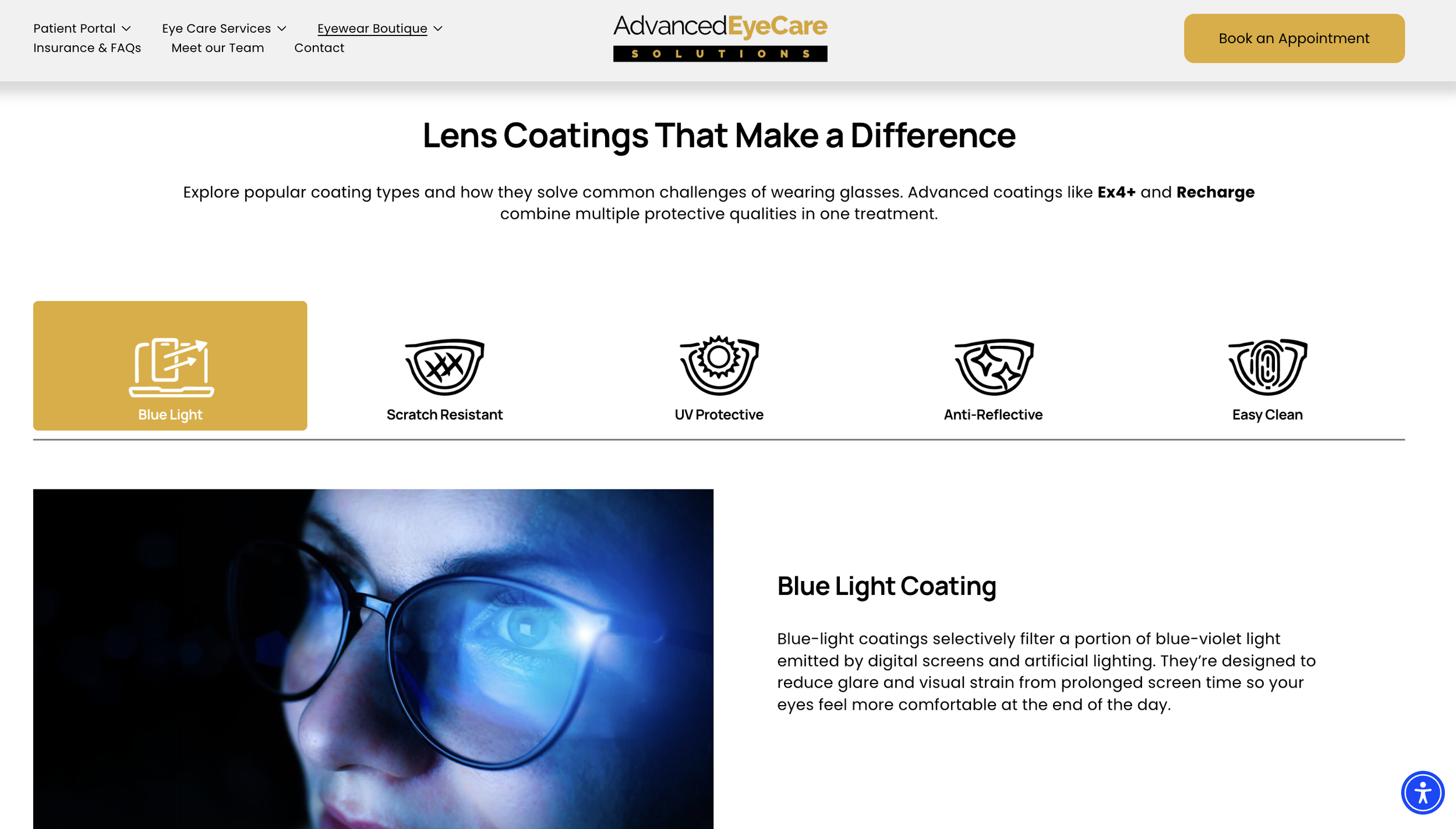 Advanced EyeCare Solutions lens coatings page featuring blue light coating