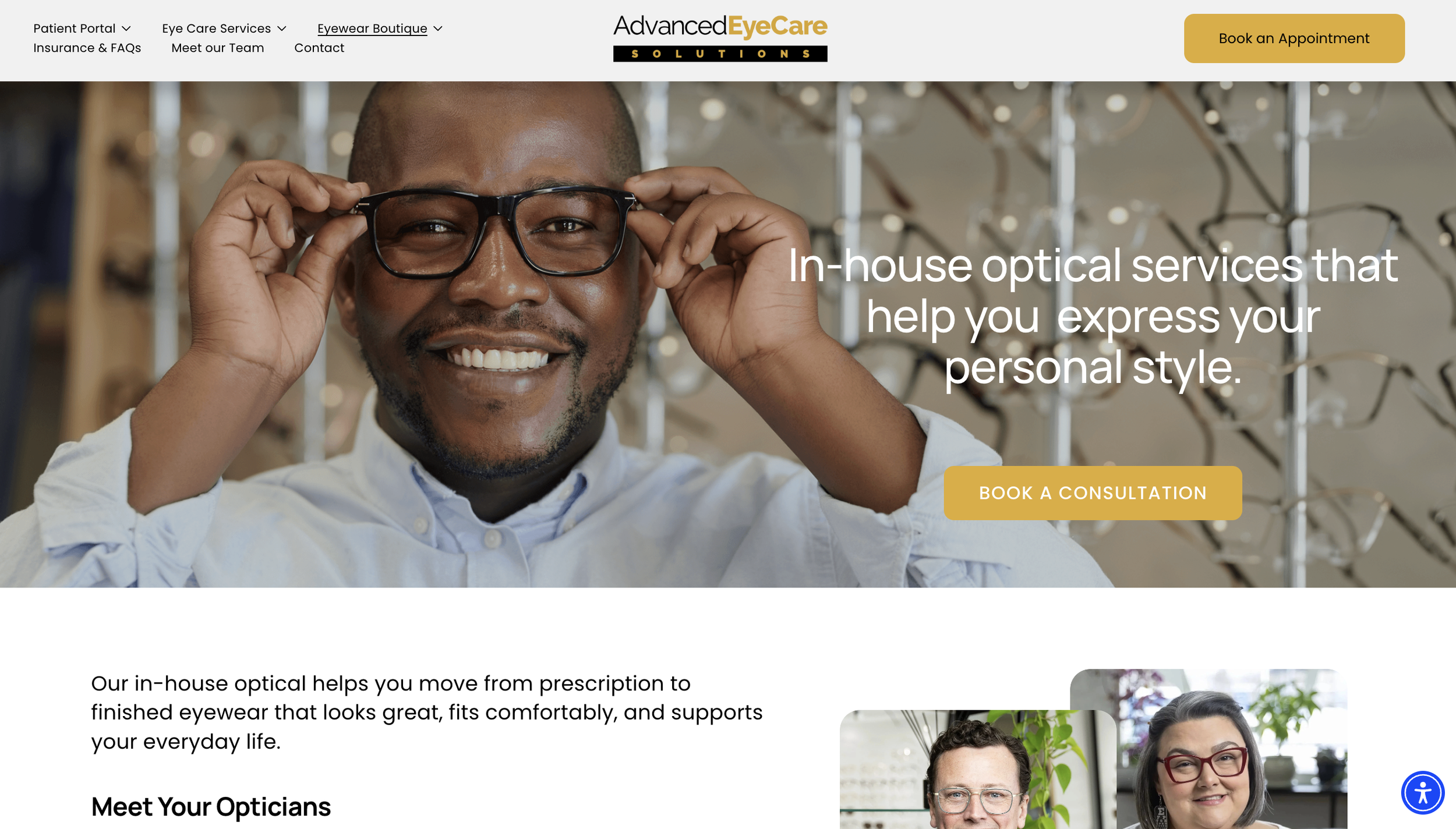 Advanced EyeCare Solutions optical services page with a smiling man trying on glasses