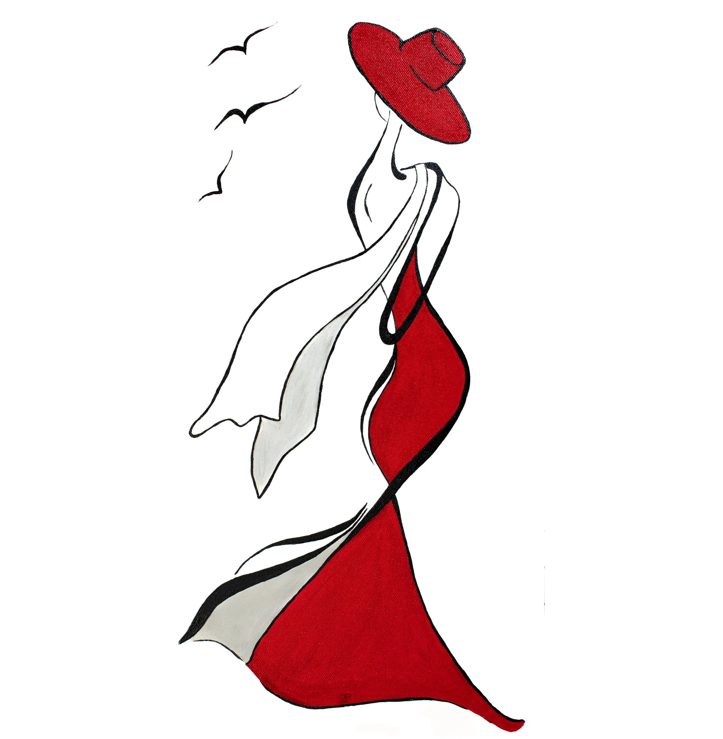painting of a woman wearing a red dress and hat with her back towards the viewer