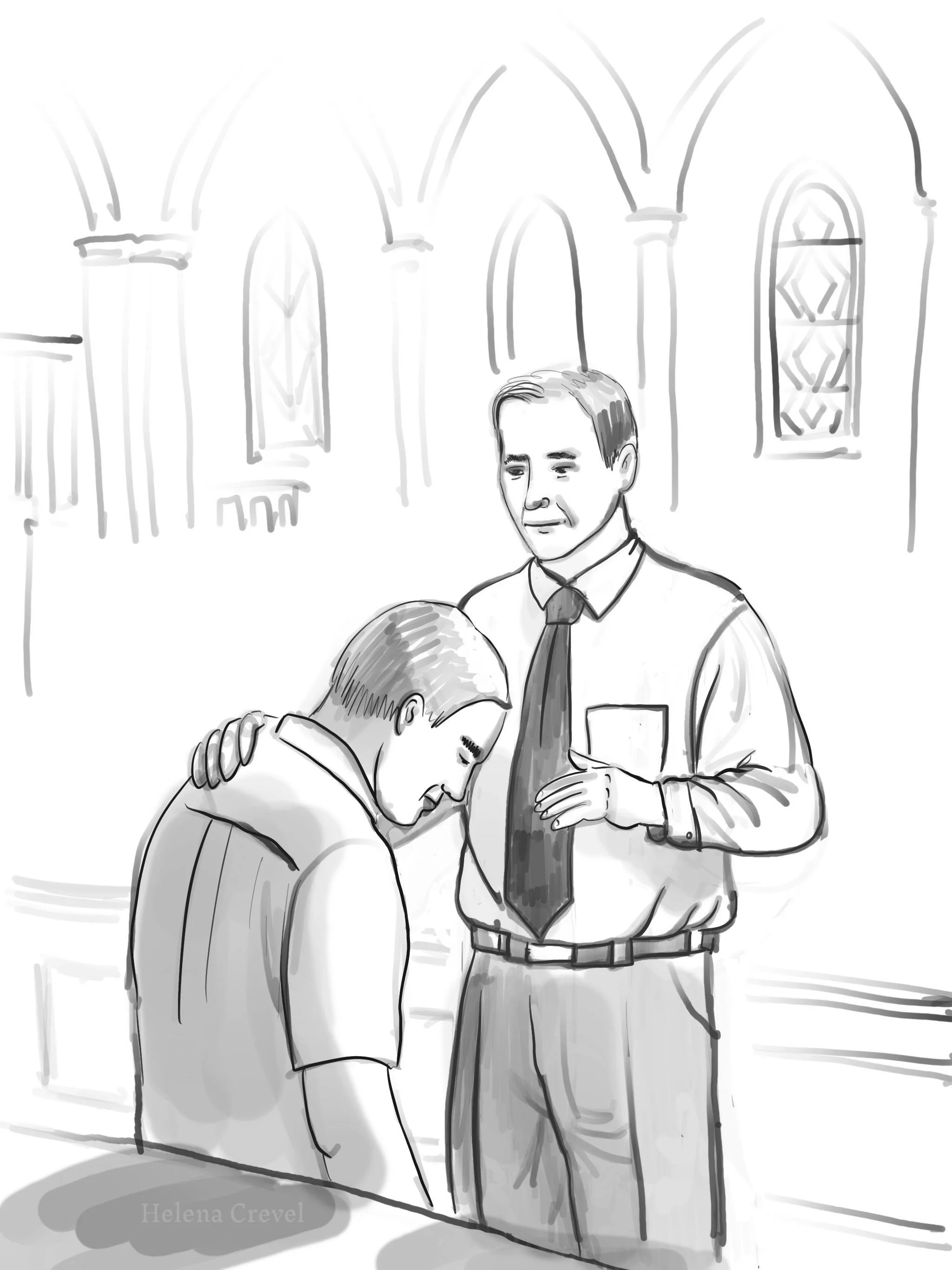 Grayscale illustration of pastor laying hands on a man in church. Helena Crevel