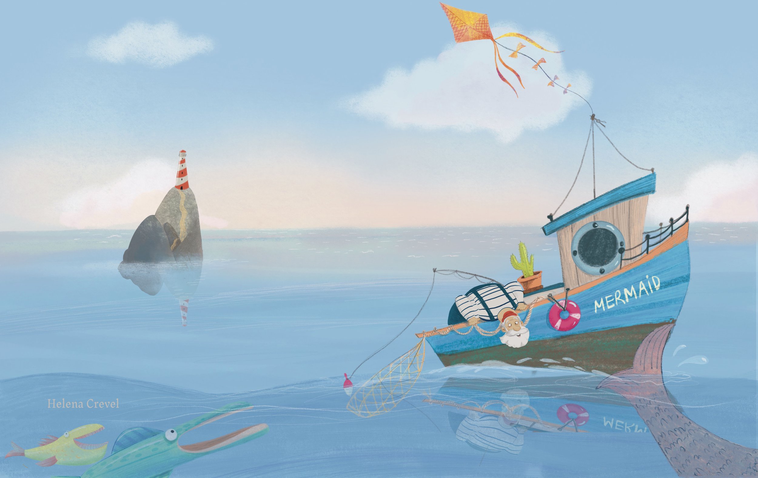 Fisherman in a boat named Mermaid. Fisherman Bob and the Flabberjack. Helena Crevel 