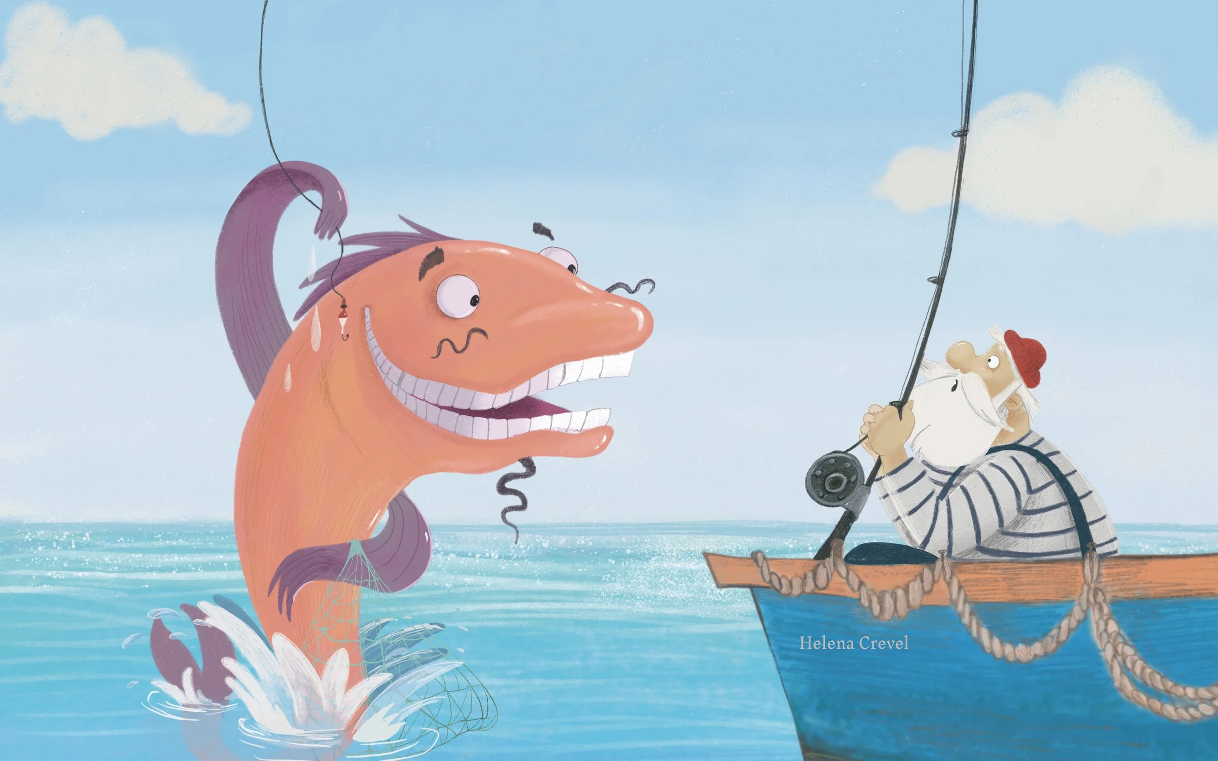 Color illustration of a large fish and fisherman in a boat with fishing pole. Fisherman Bob and the Flabberjack. Helena Crevel 