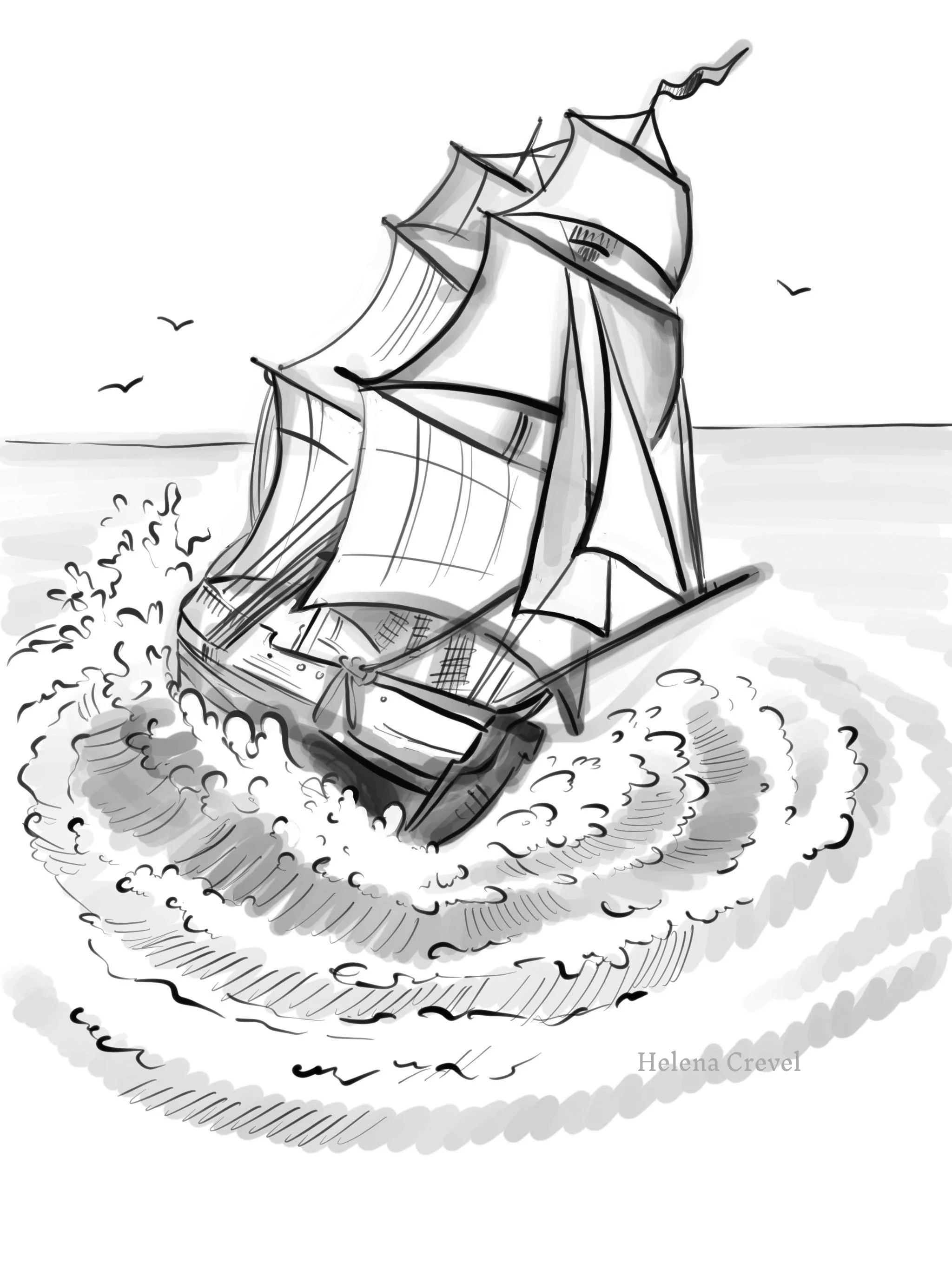 Grayscale illustration of a sailing ship in waves. Helena Crevel