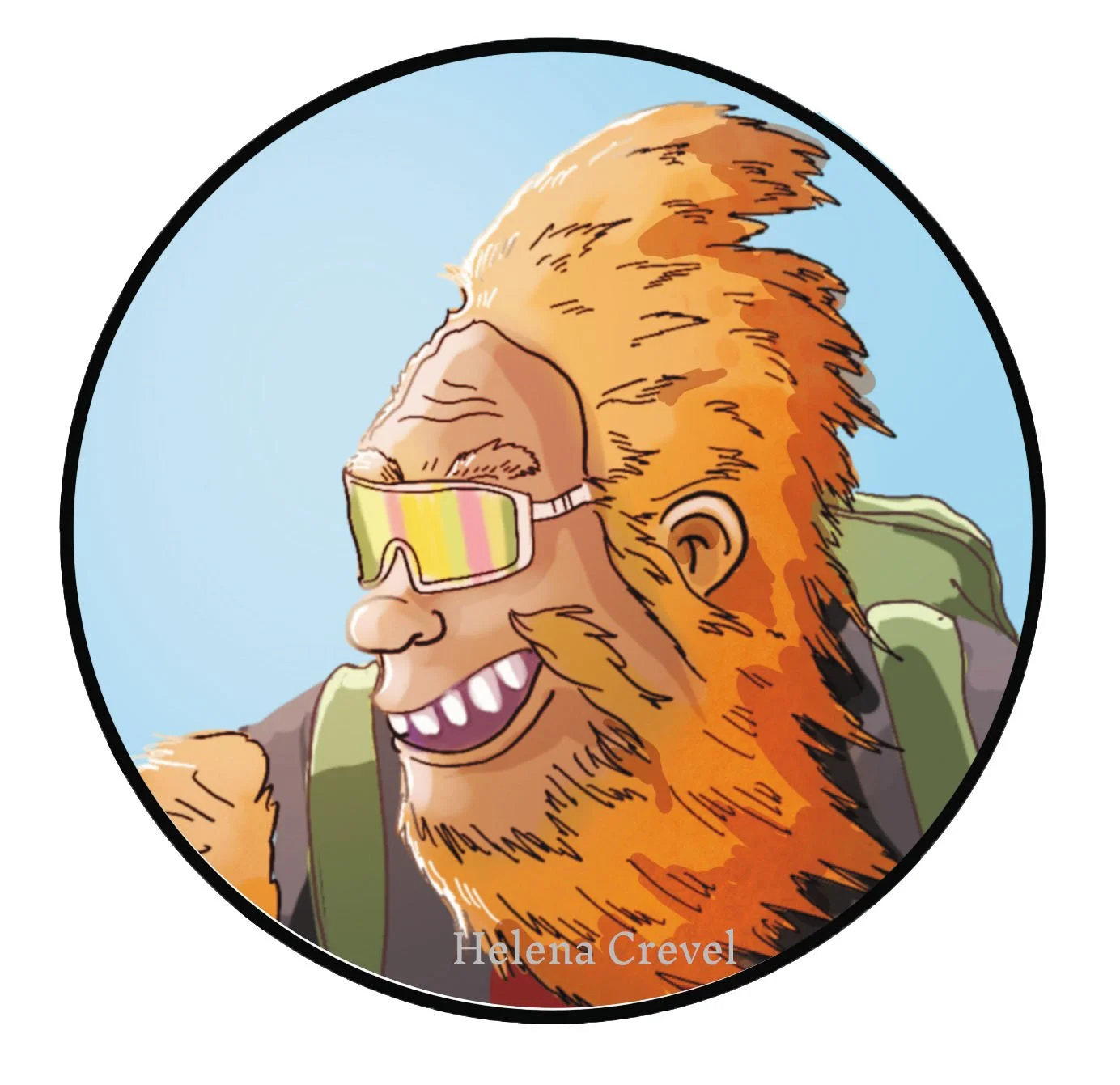 Illustration of a bigfoot with sunglasses. Shenandoah Squatch. Floating Squatch. Helena Crevel 