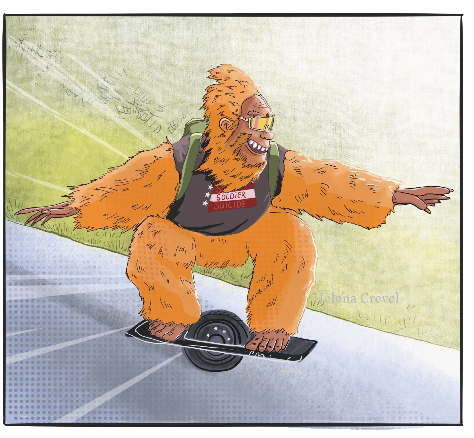 Colorful illustration of a bigfoot on a one-wheel skateboard. Shenandoah Squatch. Floating Squatch. Helena Crevel 