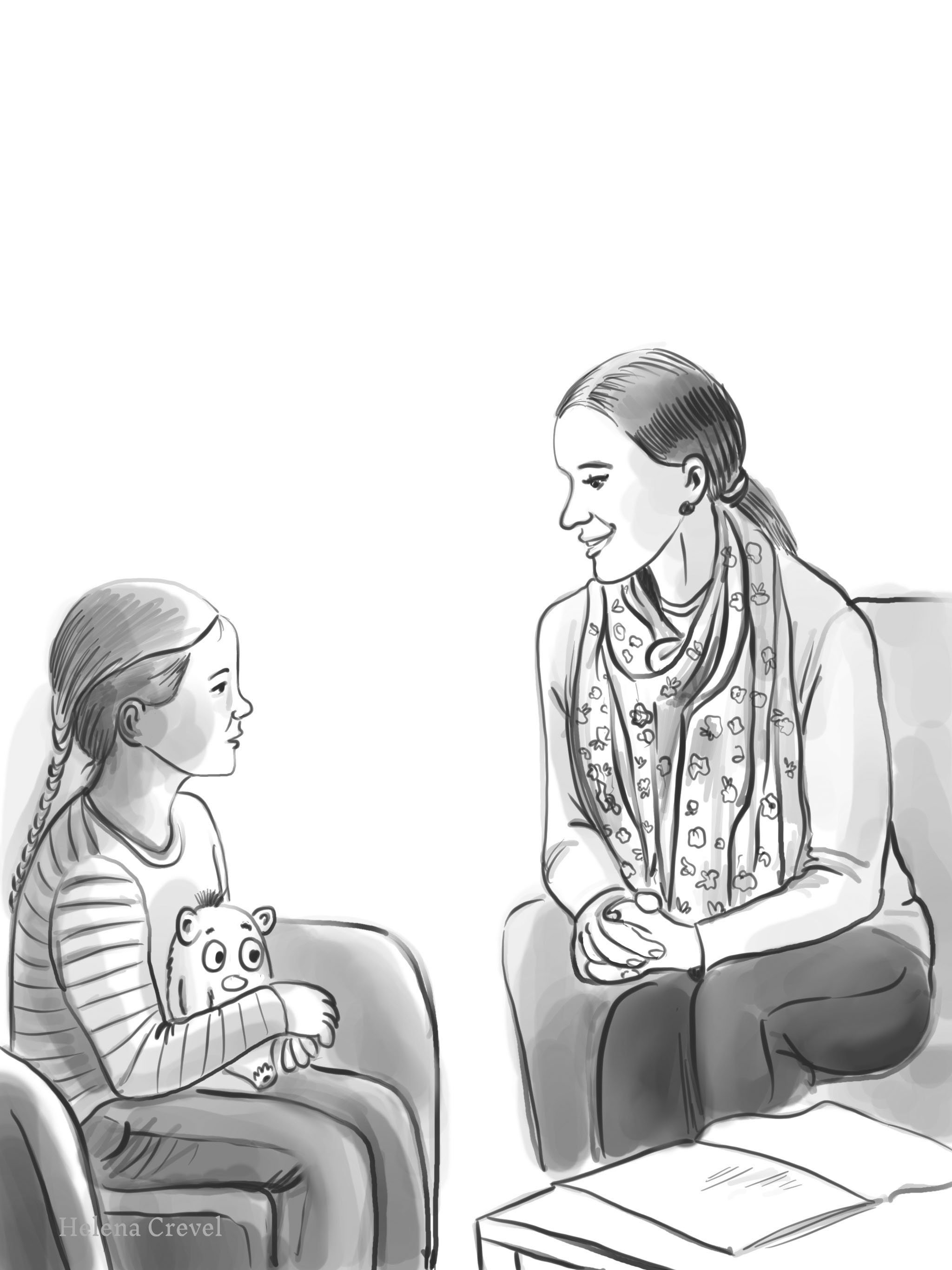 Grayscale illustration of woman talking to a little girl. Helena Crevel