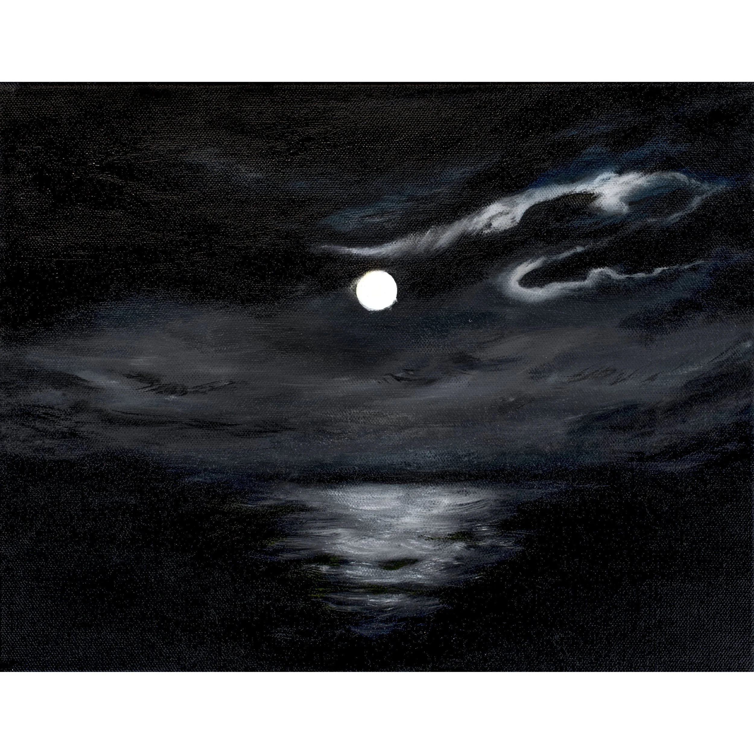 painting of a body of water with the full moon shining on the water