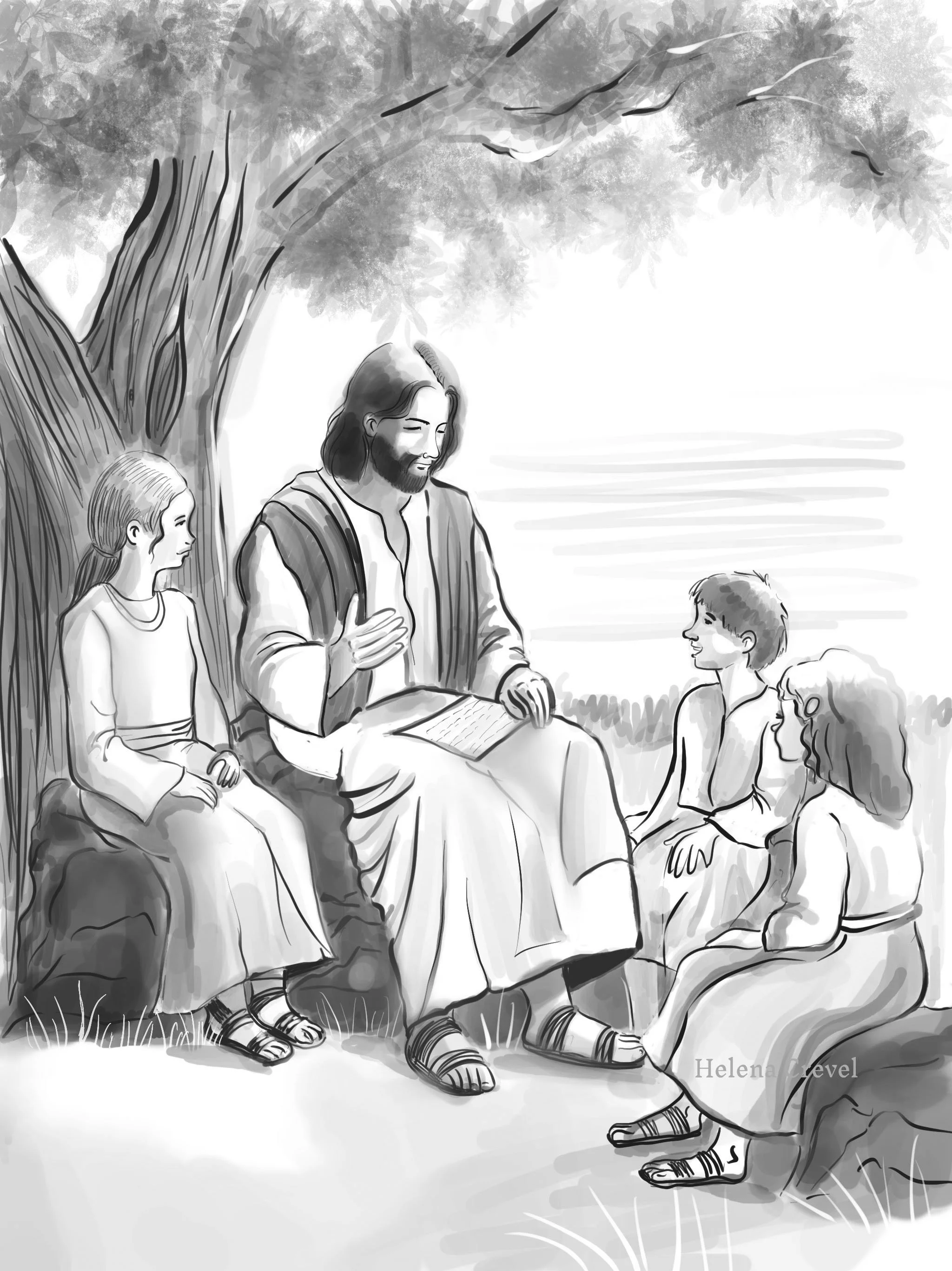 Grayscale illustration of Jesus with children. Helena Crevel. 