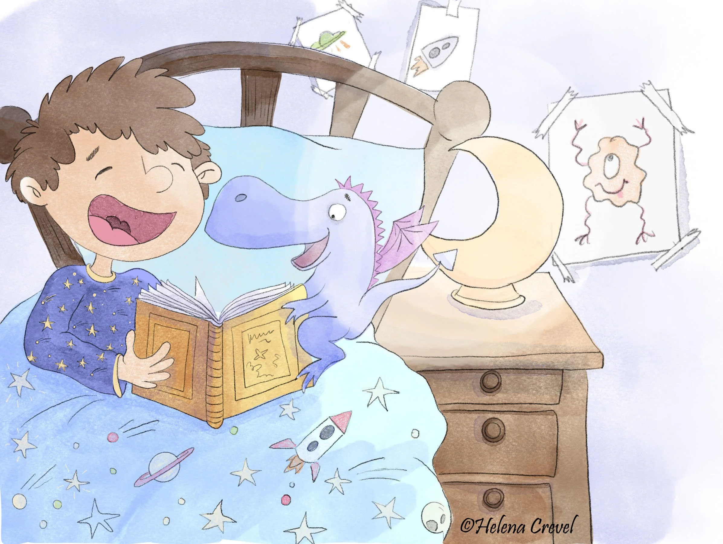 Children's book illustration of a boy in bed reading with a purple dragon.