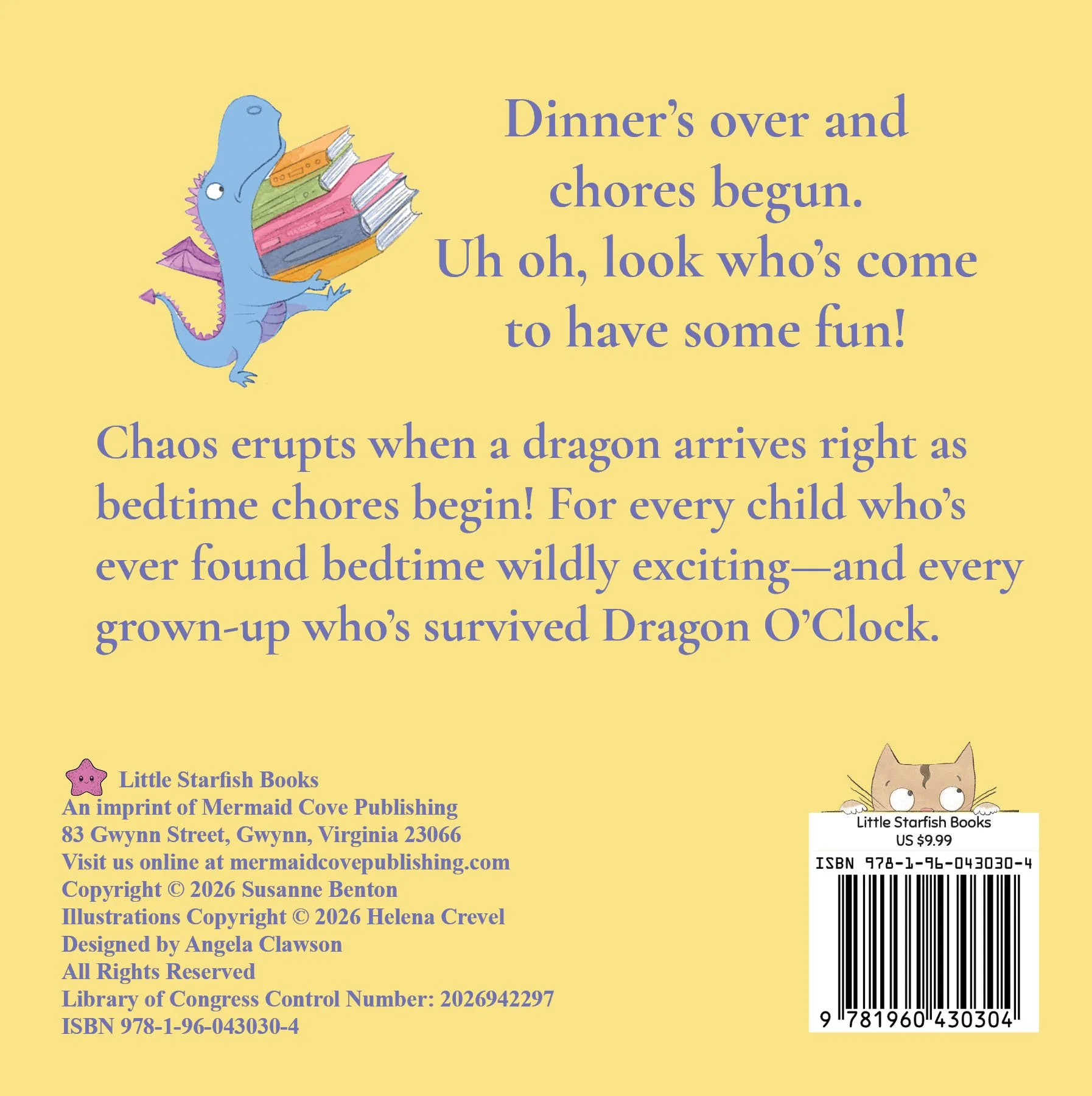 Dragon O'Clock board book back cover. Illustration of dragon carrying books.