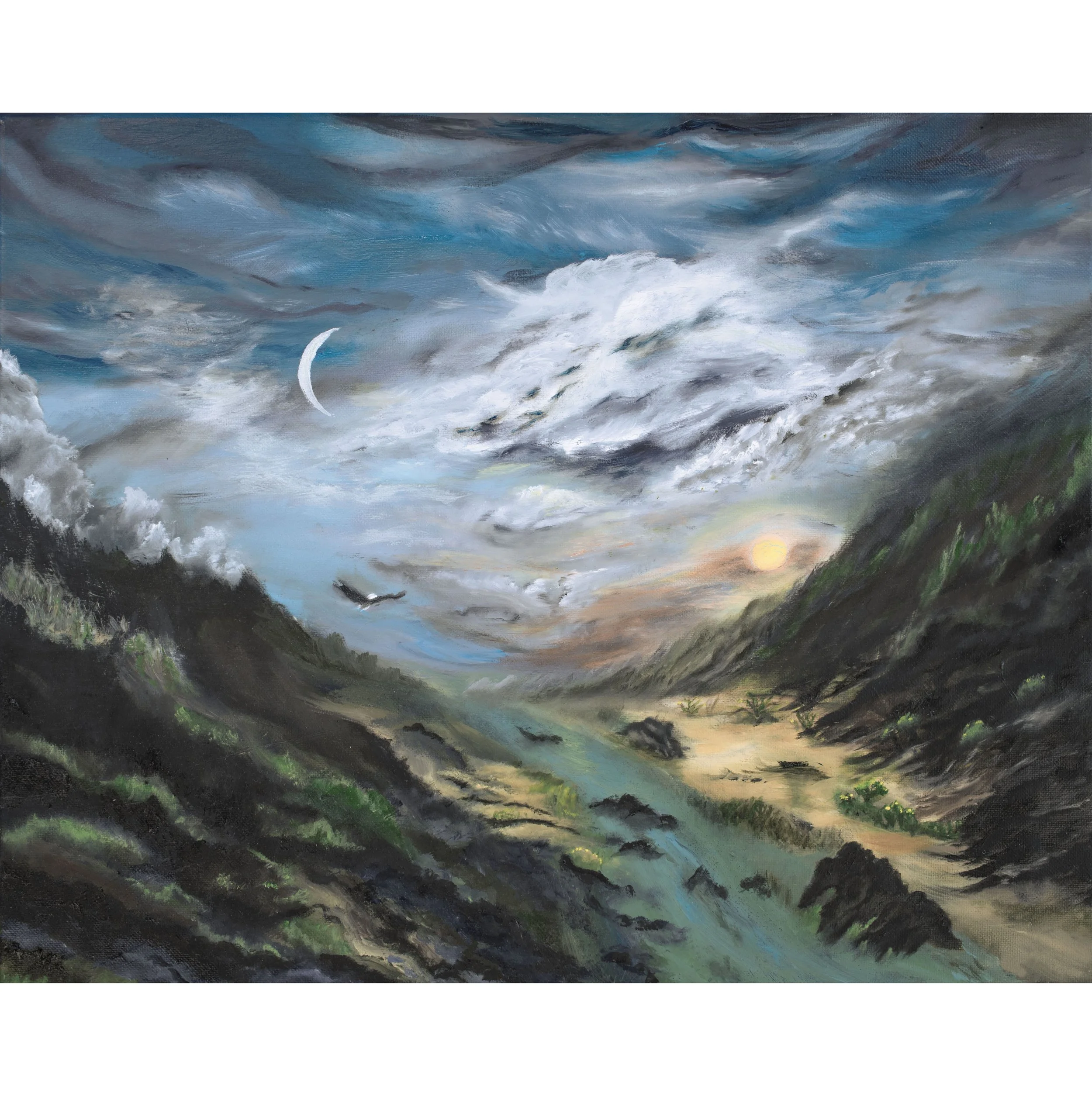 painting of a valley with an eagle flying overhead