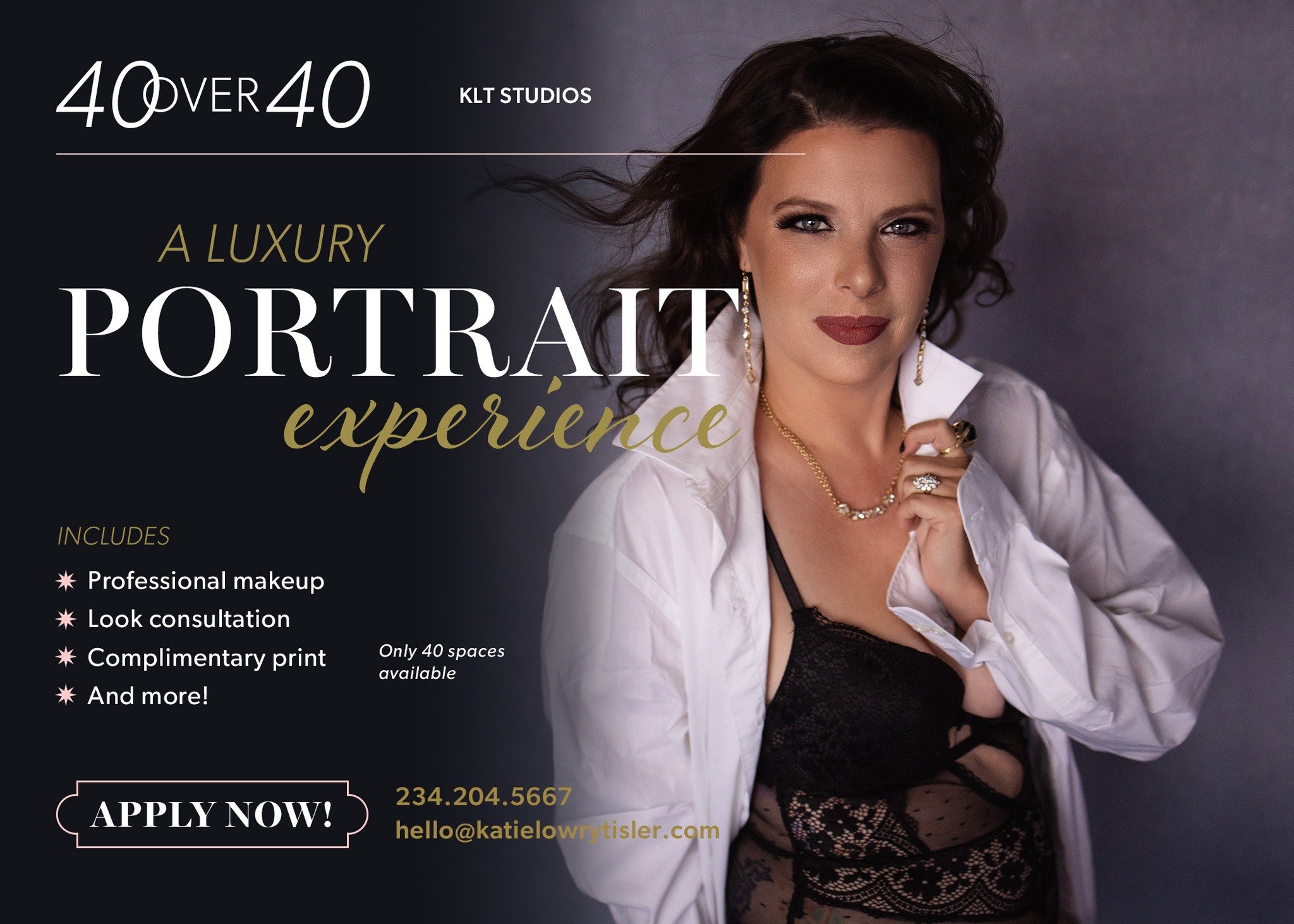 Join our exclusive 40 over 40 Project at KLT Studios and celebrate the beauty, wisdom, and achievements of life beyond 40. Participate in a professional photoshoot, share your inspiring story in our special magazine and book, and enjoy a glamorous ga