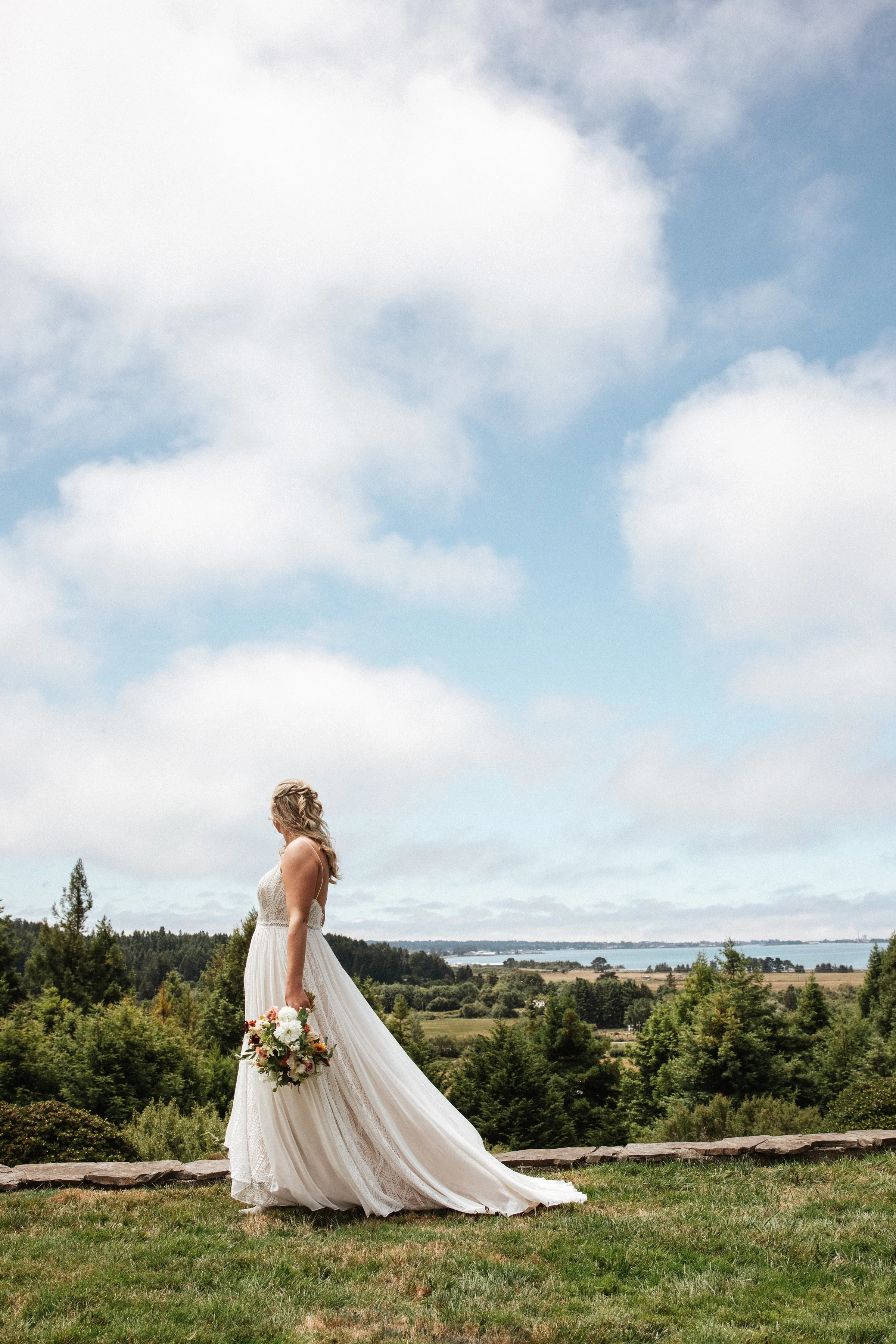 Solo bride photo showing the scenry from her getting ready location in Eureka California coast