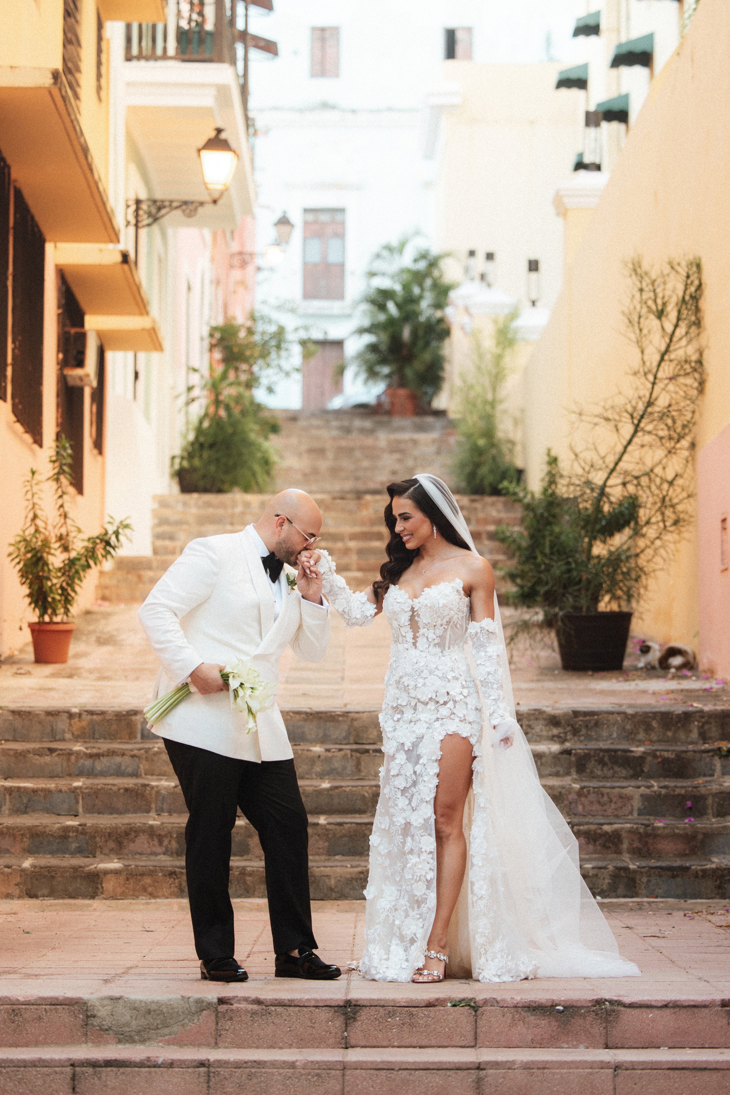 Bride and groom in old San Juan sunset in april photographer napa