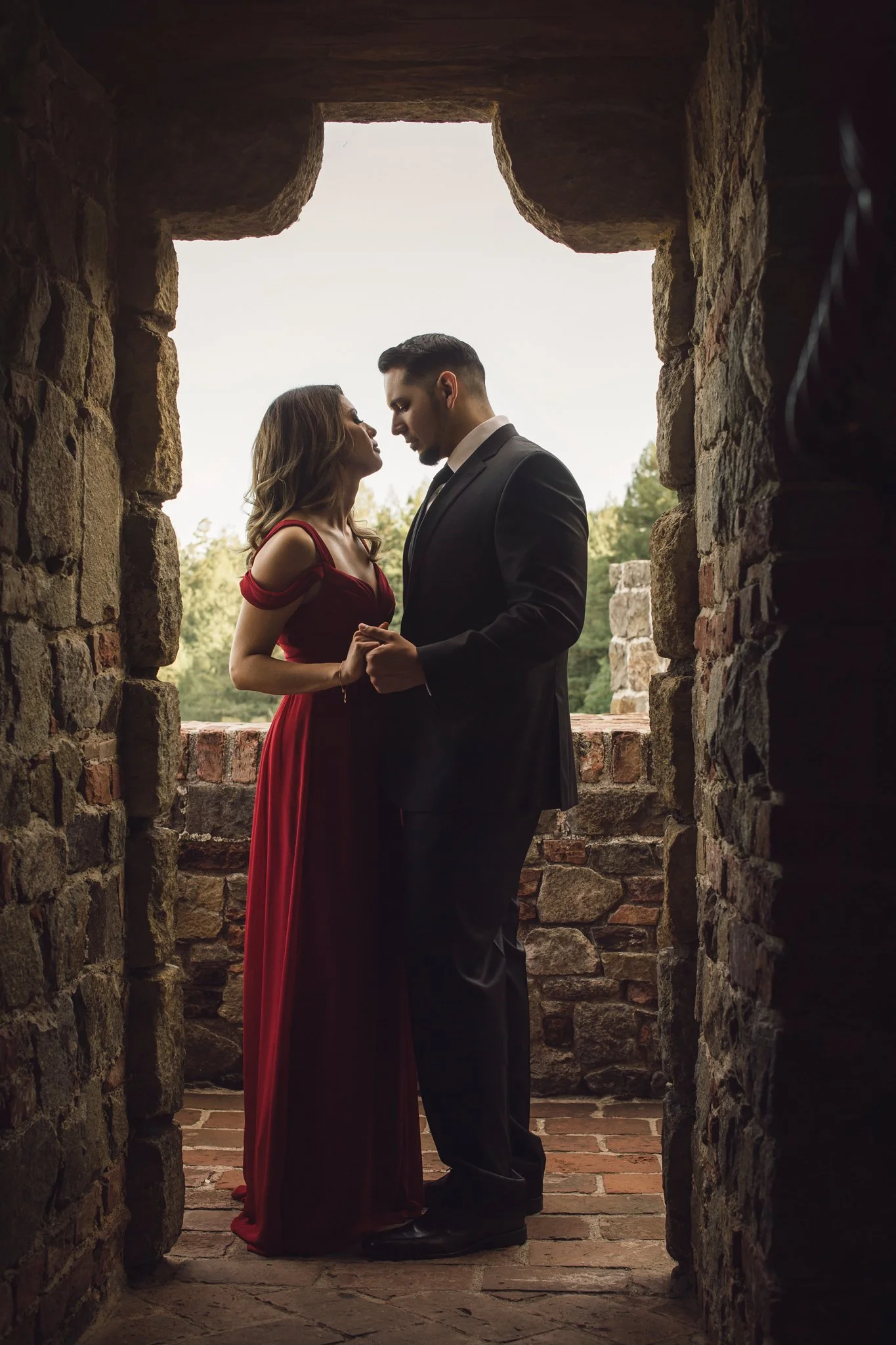 Romantic formal engagement session at the Castello di Amorosa in Calistoga, Napa Valley's wine country in Northern California.
