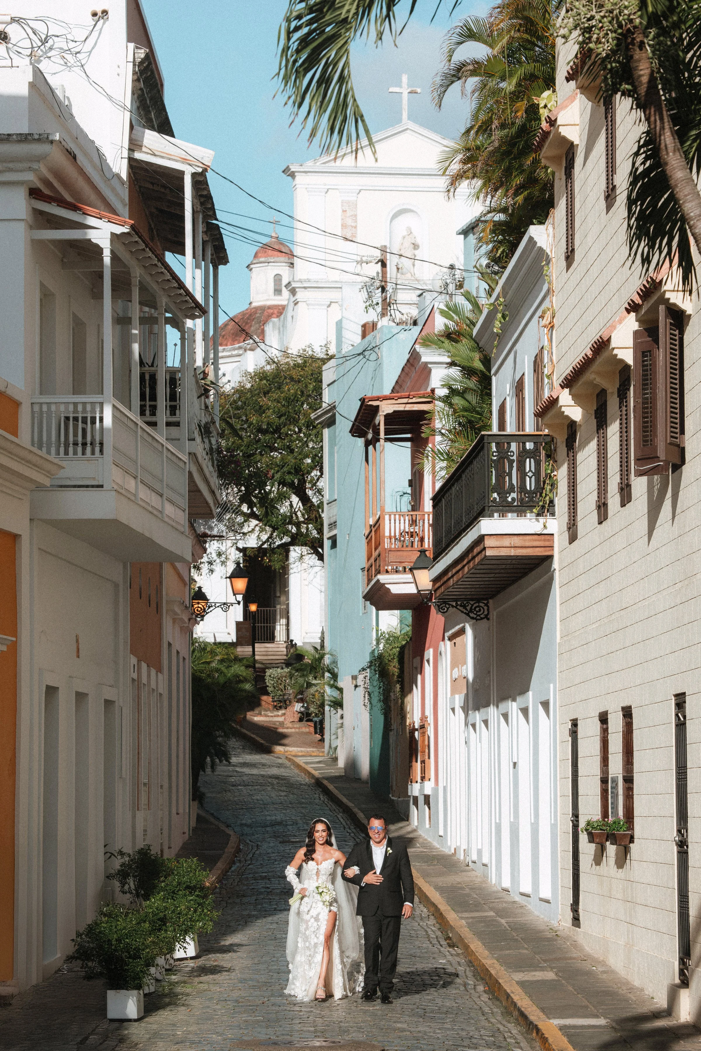 bride walking down aisle street Old San Juan Puerto Rico Plazuela de la Rogativa ceremony location Chady Dunmore Garibaldi