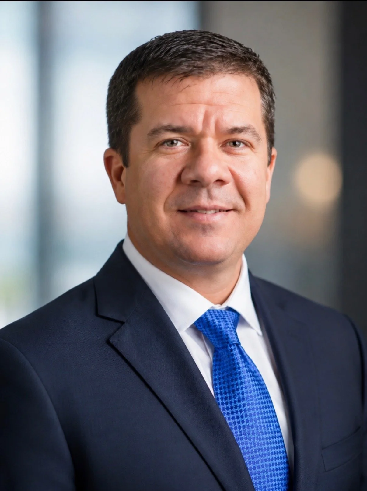 Man in suit and blue tie with neutral background.