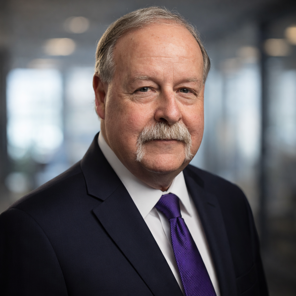 A middle-aged man with light skin, short gray hair, and a mustache, wearing a black suit and white shirt, smiling at the camera against a purple patterned background.
