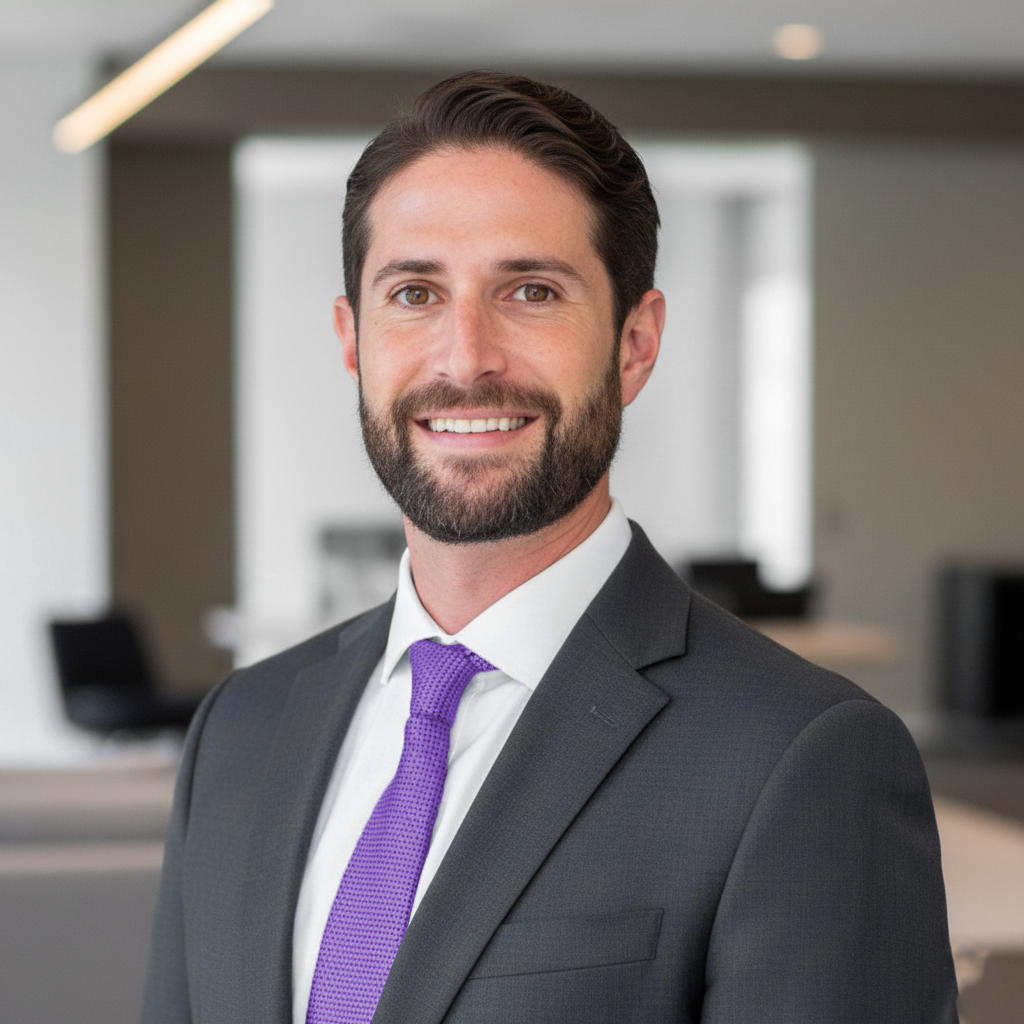 Headshot of a man with shoulder-length brown hair and a beard, smiling, wearing a blue plaid blazer and black shirt, standing in front of a white background with a purple circular frame around him.
