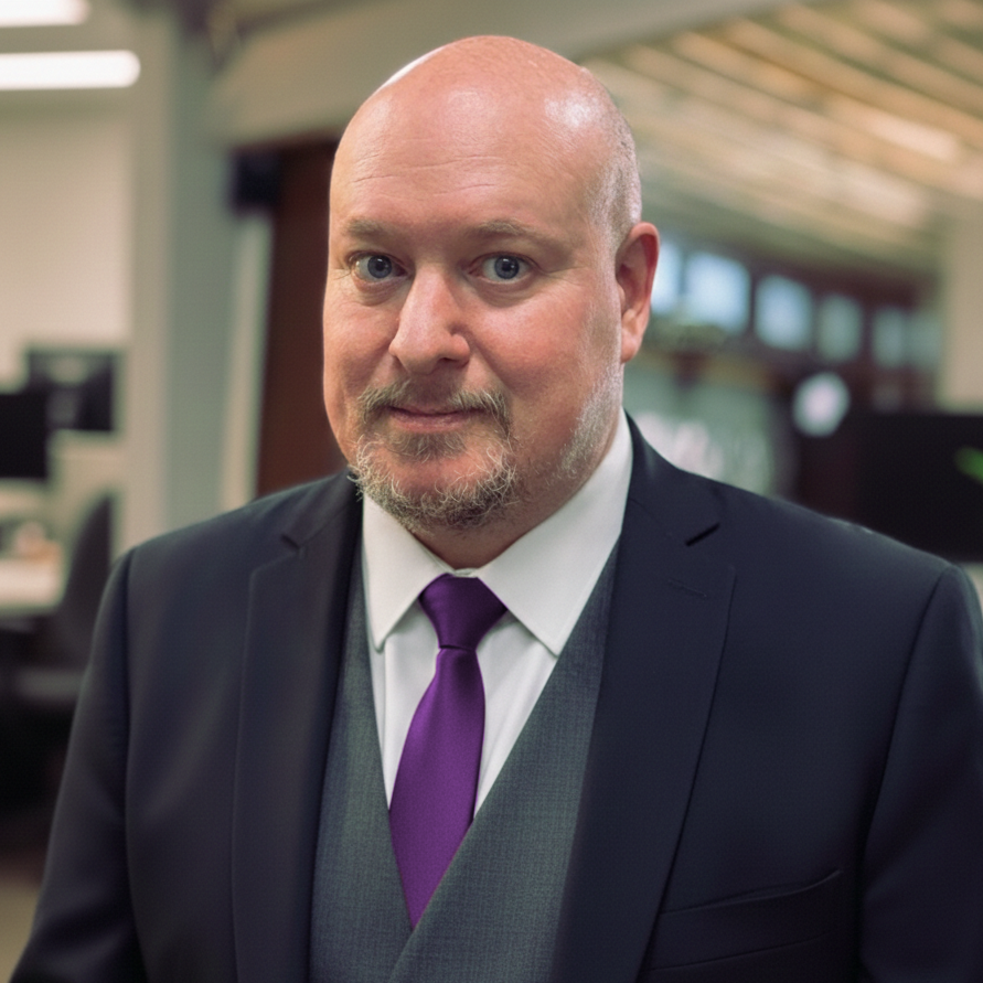 A close-up portrait of a bald man with blue eyes, a beard, and a mustache, wearing a black suit, shirt, and a purple striped tie, with a blurred indoor background.