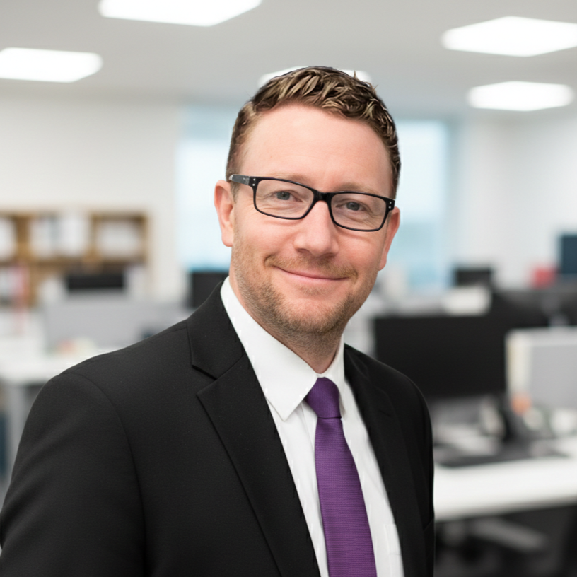 A man wearing glasses, a blue suit, a checkered shirt, and a patterned tie, smiling in front of a dark blue background with purple circular design elements.