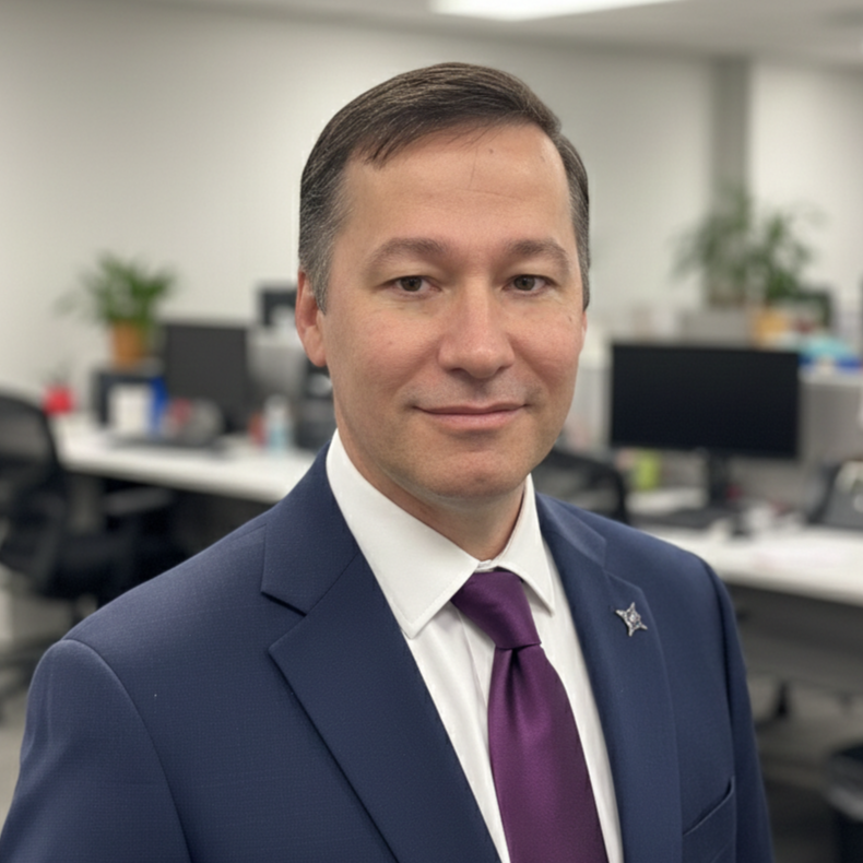 Headshot of a smiling man with dark brown hair, wearing a white shirt and dark jacket against a purple circular background.