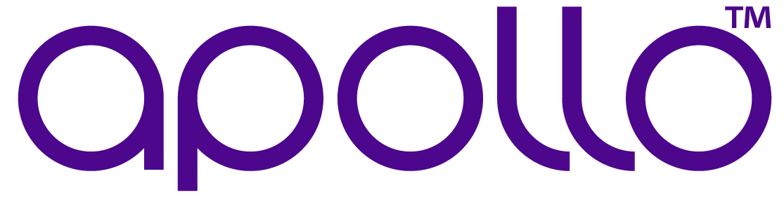 The logo for Apollo, with the word 'apollo' in lowercase purple letters with a white outline.