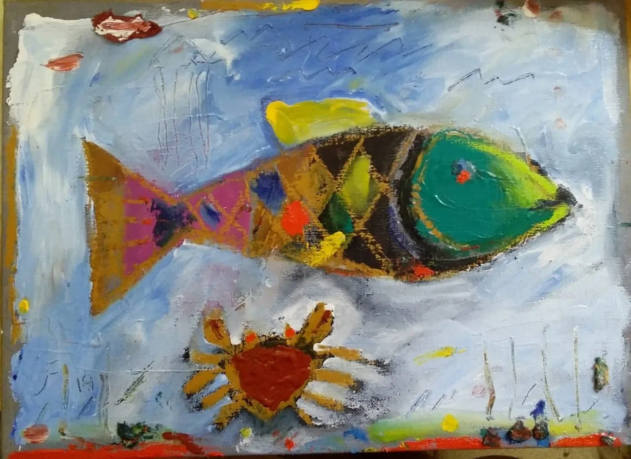 "PEZ CON CANGREJO" 
óleo/lino 36x46 cm
2019 no disponible