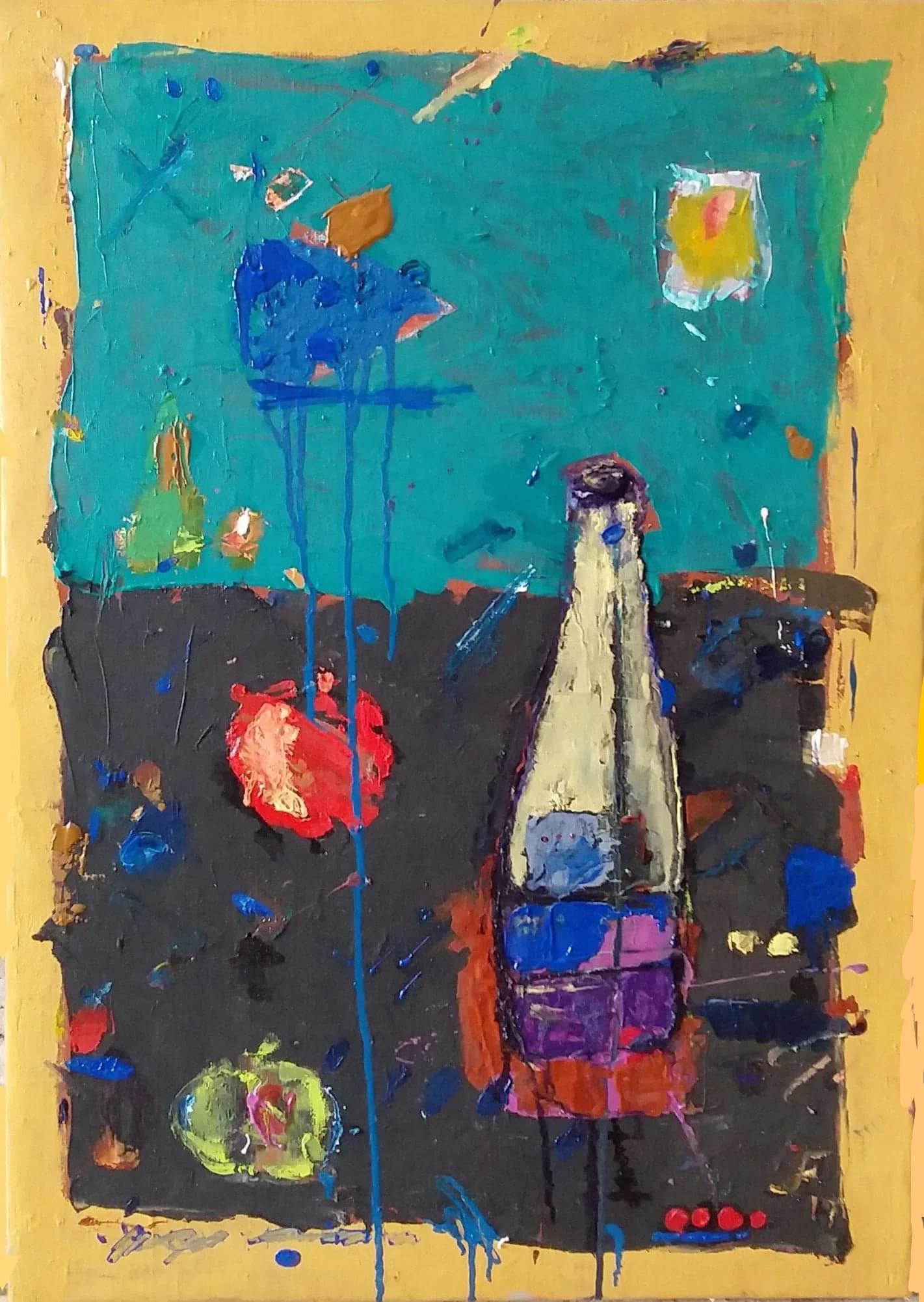 NATURALEZA MUERTA CON BOTELLA Y FRUTAS 
óleo/lino de 65x46 cm
2019
no disponible