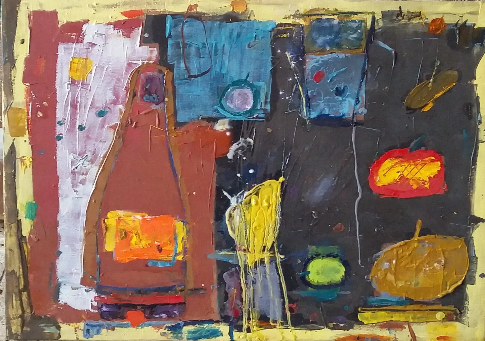 NATURALEZA MUERTA CON FRUTAS Y BOTELLA 
óleo/lino 46x65 cm
2019
no disponible