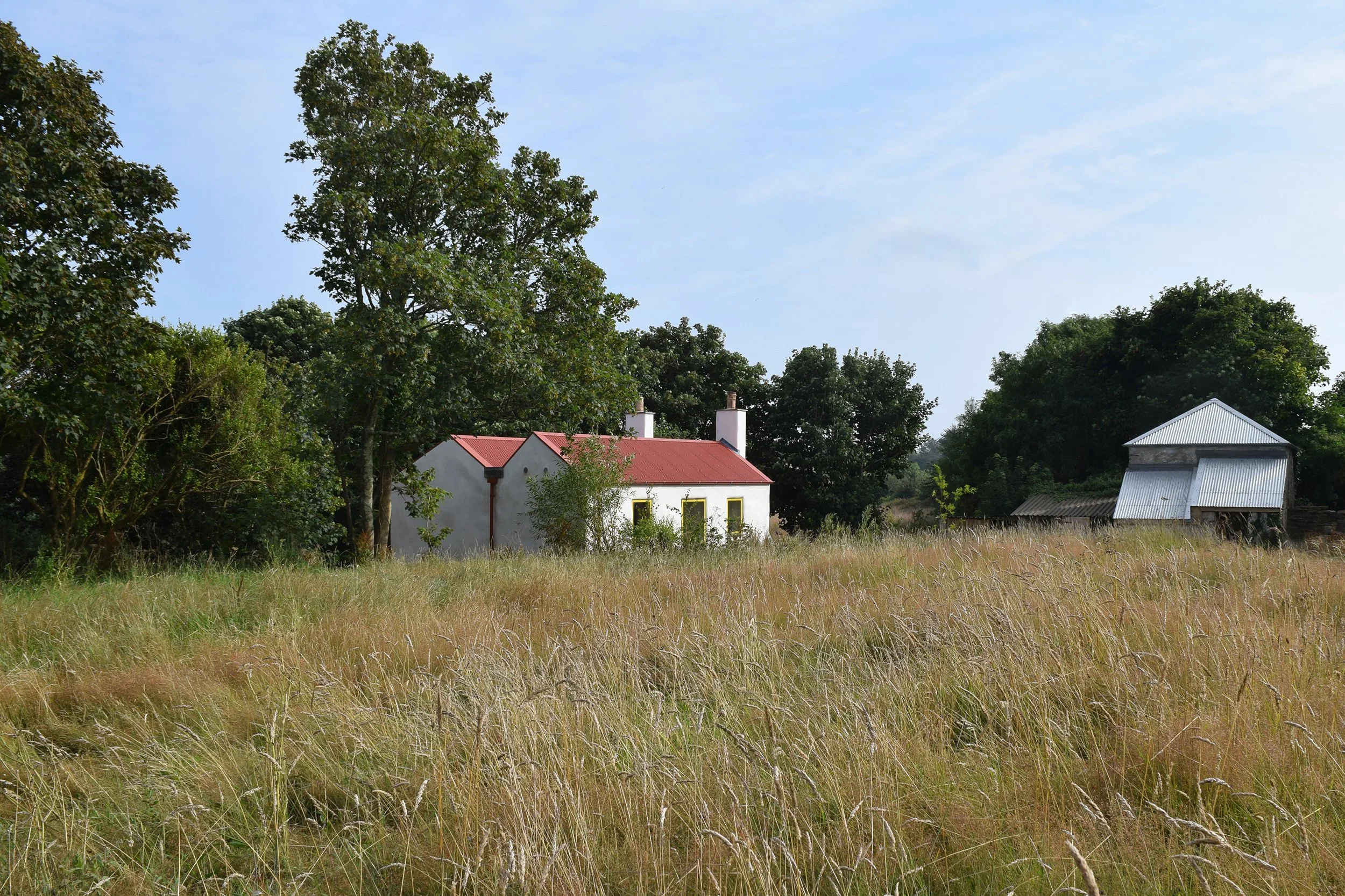 Modern Cornish architectural design by Coal Cornwall featuring a whitewashed cottage with a distinct red roof and twin chimneys set in a lush wild meadow landscape.