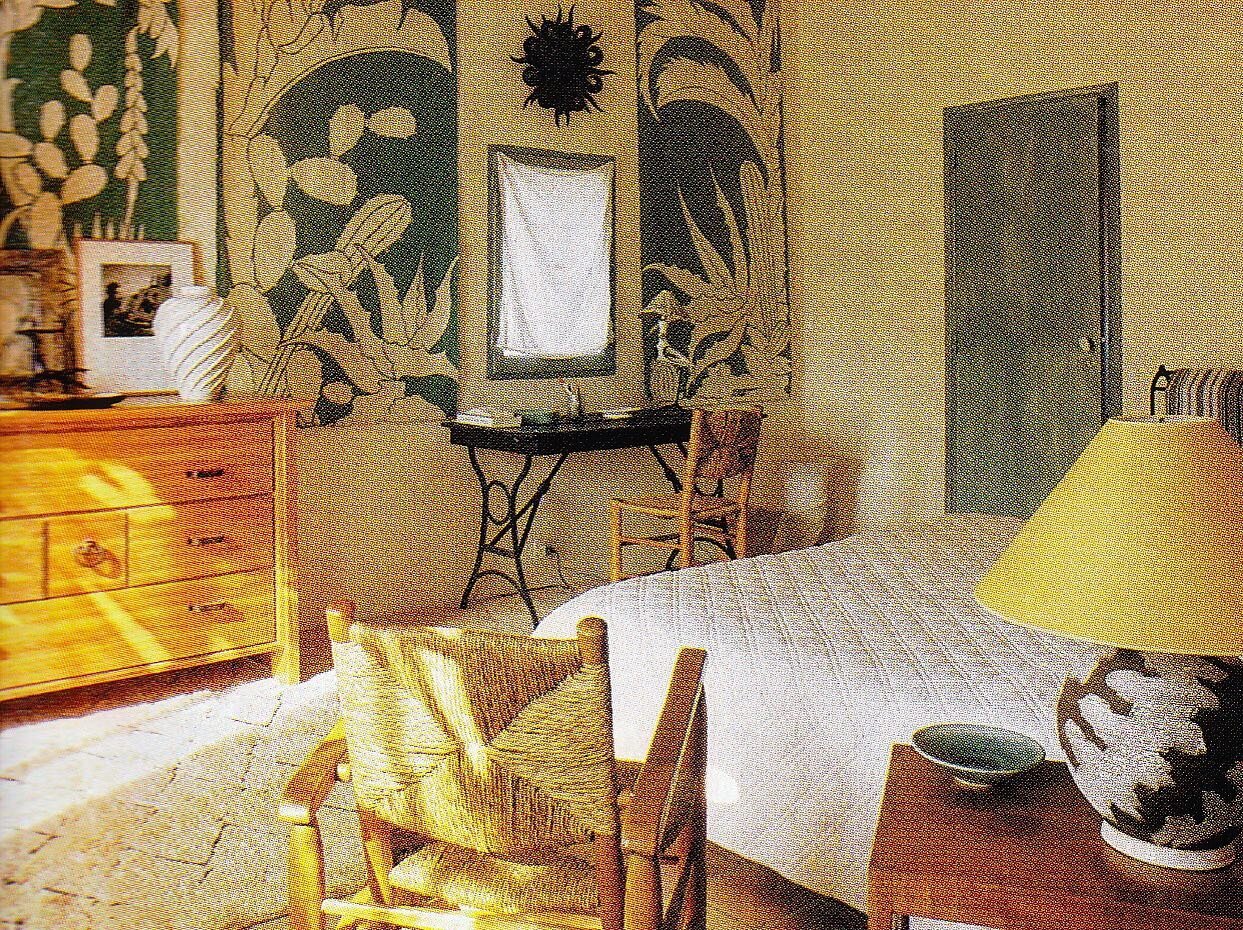 Jacques Grange&rsquo;s bedroom in his farmhouse in Provence with incredible wallhangings by Boisseau from the 1930&rsquo;s. Photographed by Francois Halard ✨

#jacquesgrange #interiordesigncornwall #cornwallinteriordesign #architecturecornwall #cornw