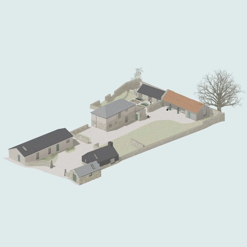 Isometric site masterplan rendering by Coal Cornwall, illustrating a stone farmstead conversion featuring pitched slate and terracotta roofed outbuildings, courtyards, stone boundary walls, and surrounding grounds.