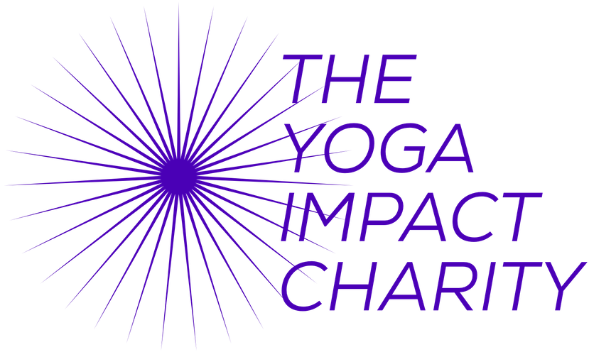 Graphic with a purple starburst design and text that reads "The Yoga Impact Charity" in purple font.