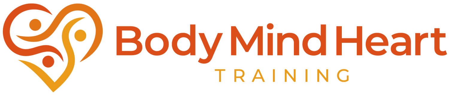 Logo for Body Mind Heart Training featuring stylized figures within a heart shape and the text 'Body Mind Heart Training' in orange and yellow.
