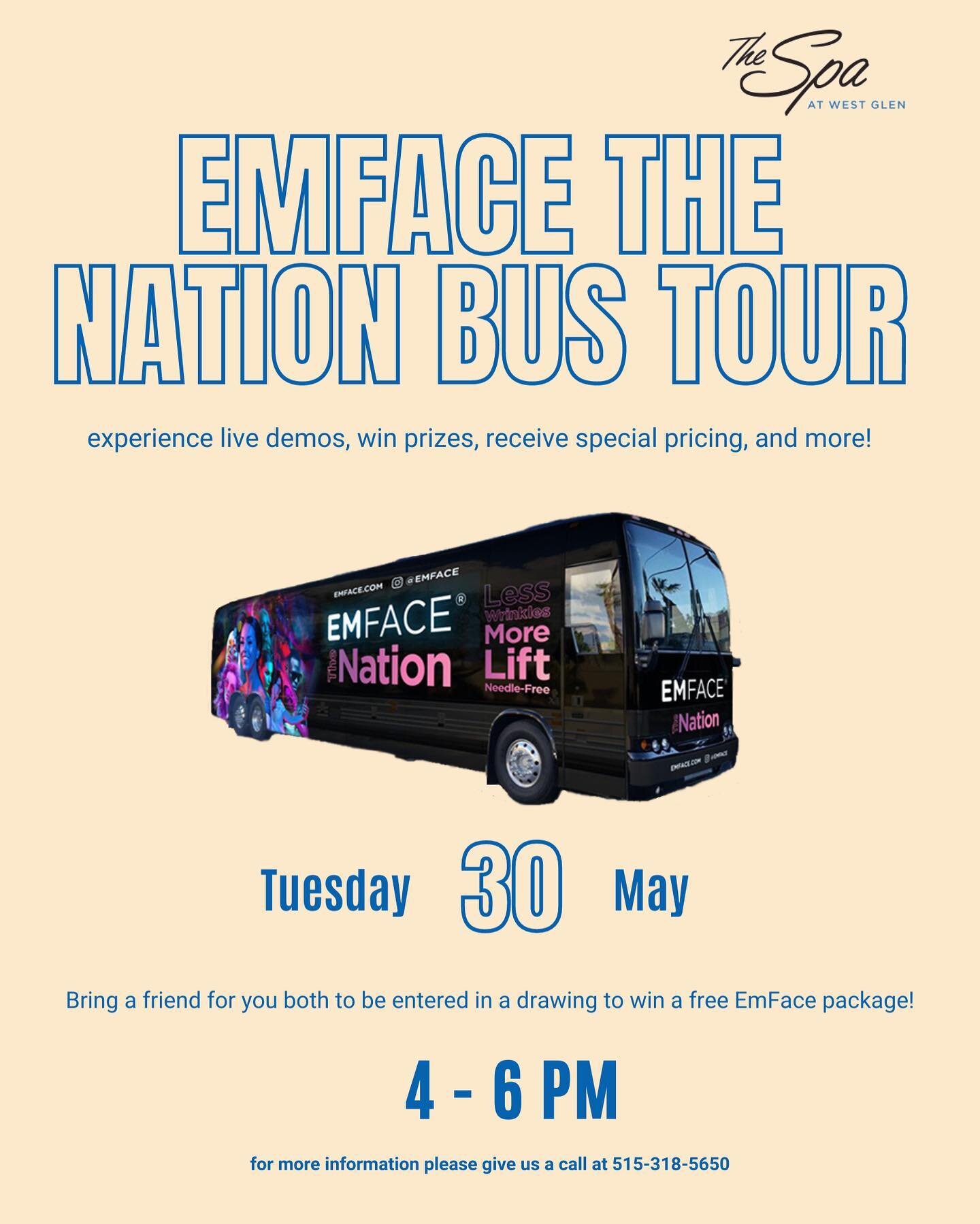 We are so excited to announce that EmFace The Nation tour bus will be here at The Spa at the end of this month!!

Save the date to experience EmFace, EmSculpt Neo, and EmSella demos, win prizes, and take advantage of the in house specials we will be 