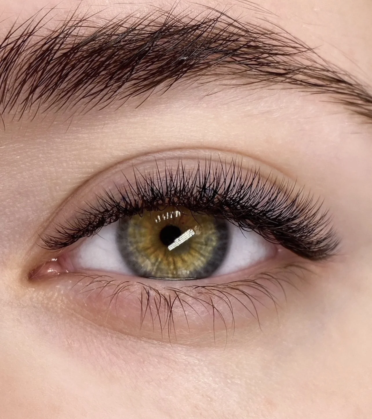 Close-up of a human eye with hazel iris, long eyelashes, and well-groomed eyebrow.